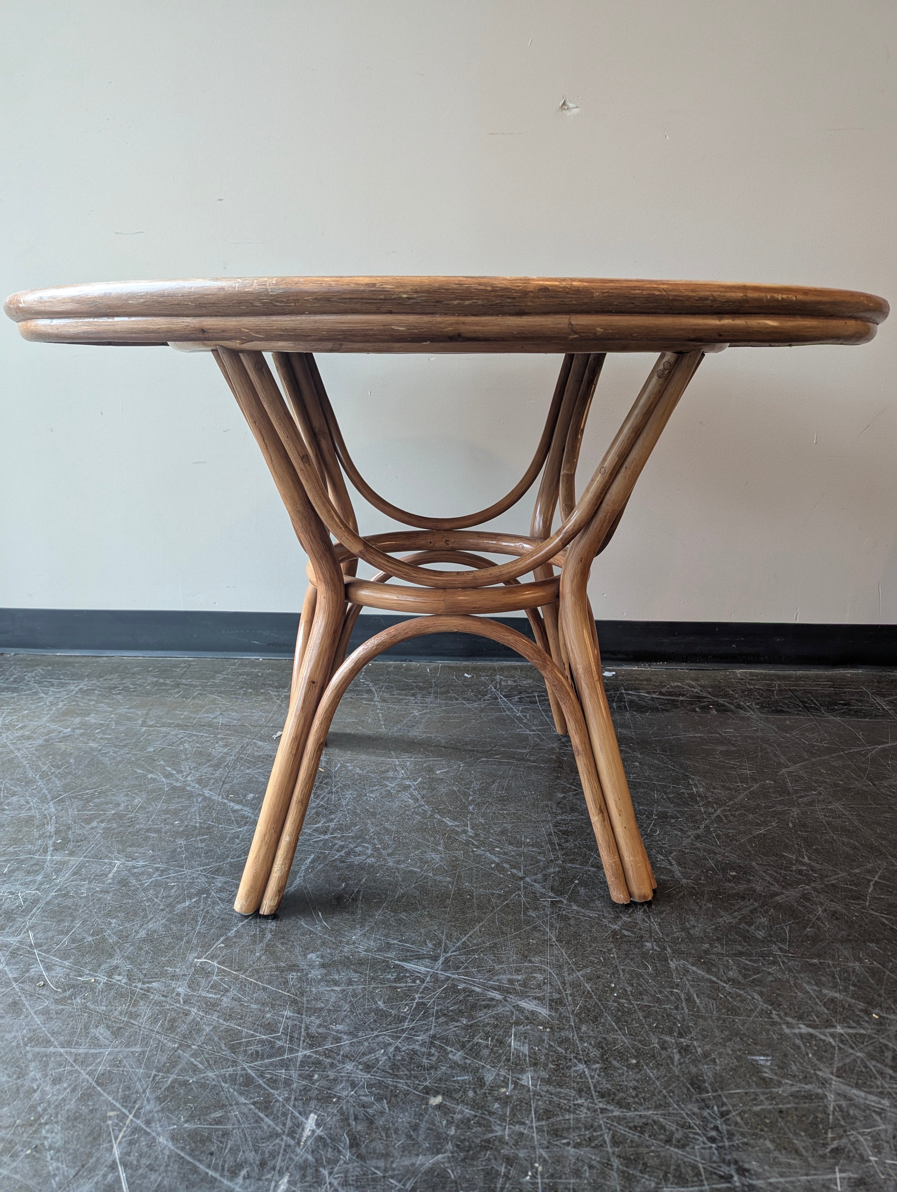 Round Rattan Base Accent Table with Wood Grain Top
