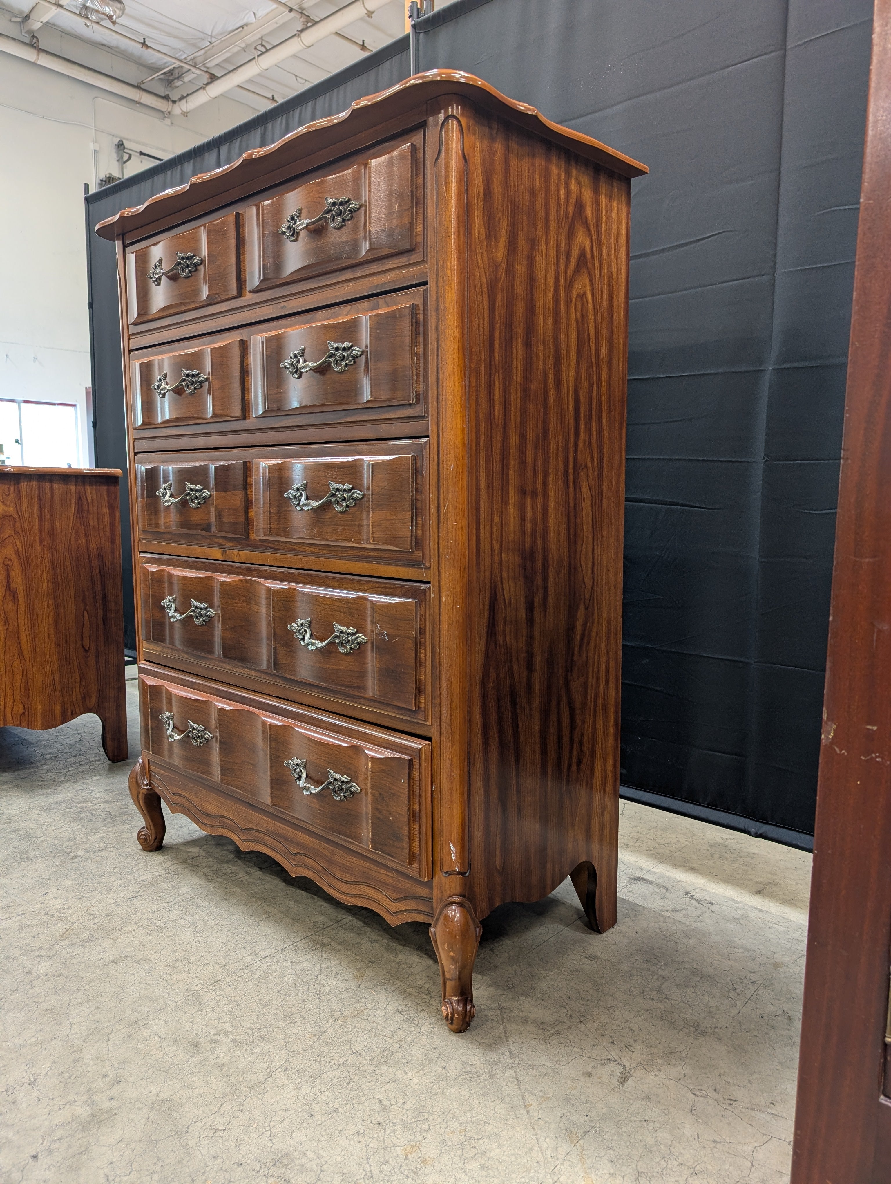 French Provincial Bassett Tall Chest of Drawers with Ornate Hardware