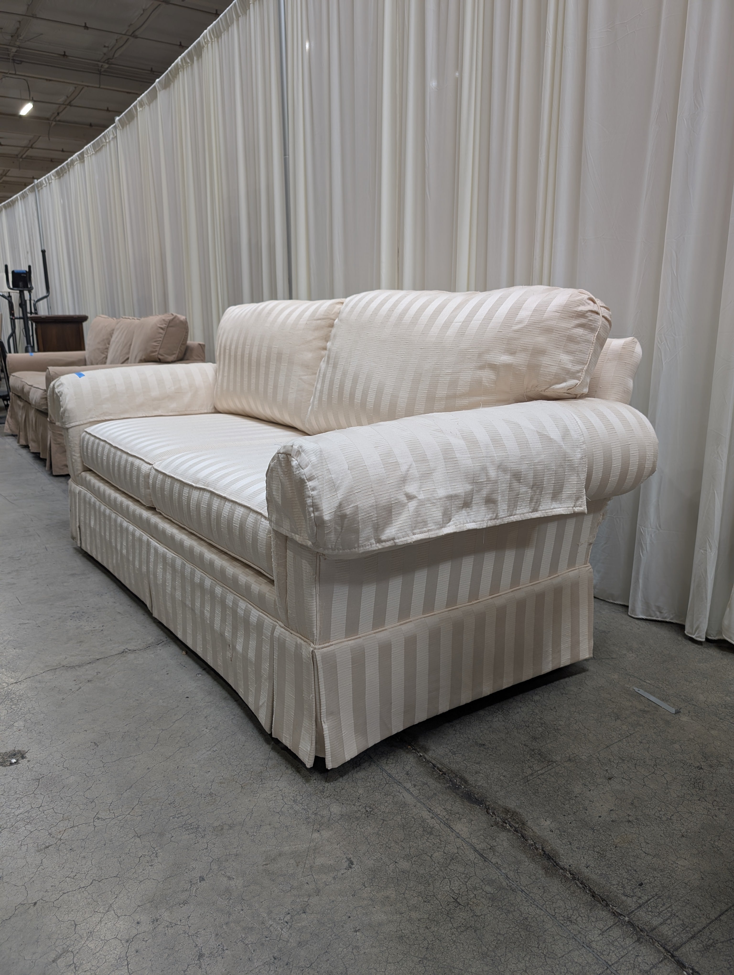 Woodmark Cream Striped Couch with Rolled Arms