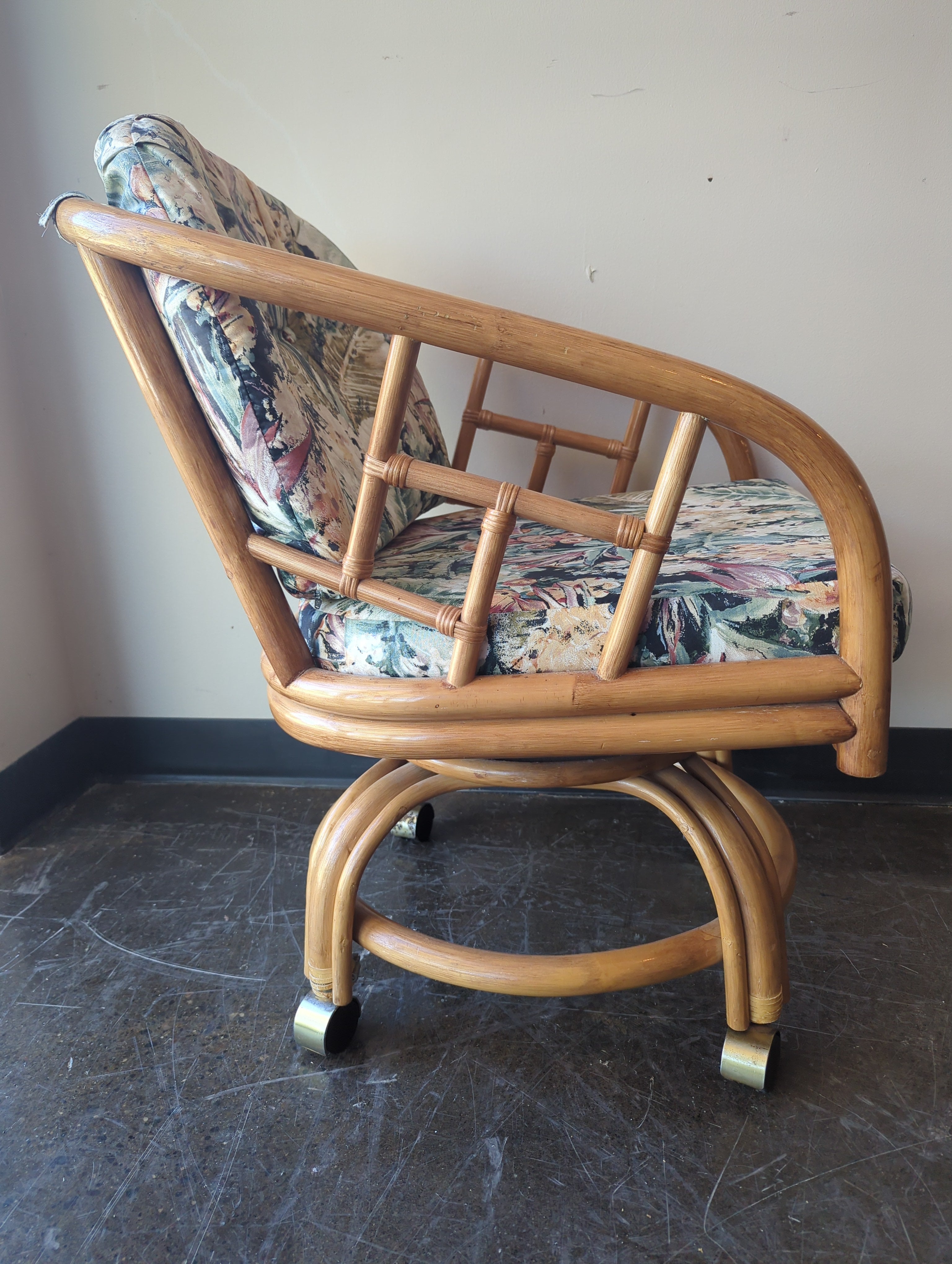 Vintage Rattan Armchair with Botanical Upholstery