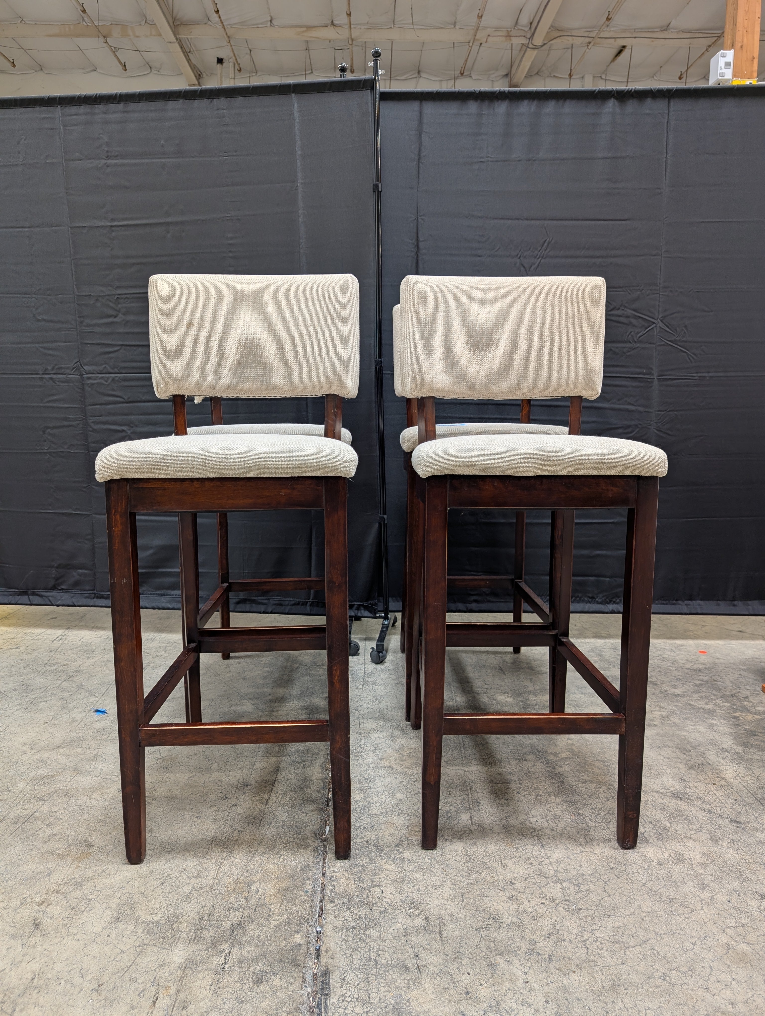 Set of Four Beige Fabric Upholstered Bar Height Dark Wood Dining Chairs