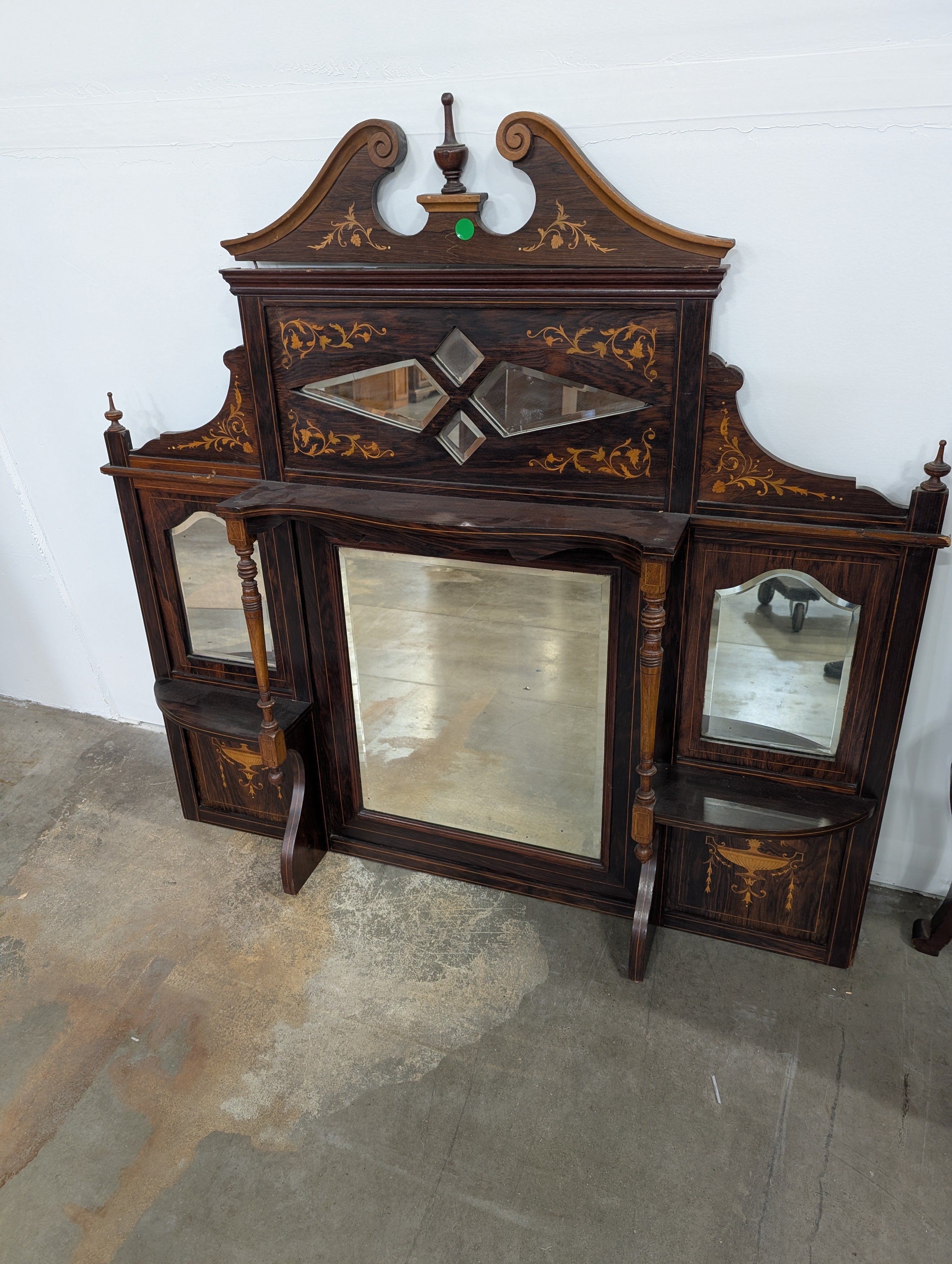 Very poor condition*** Antique Curved Wood Buffet with Intricate Inlay