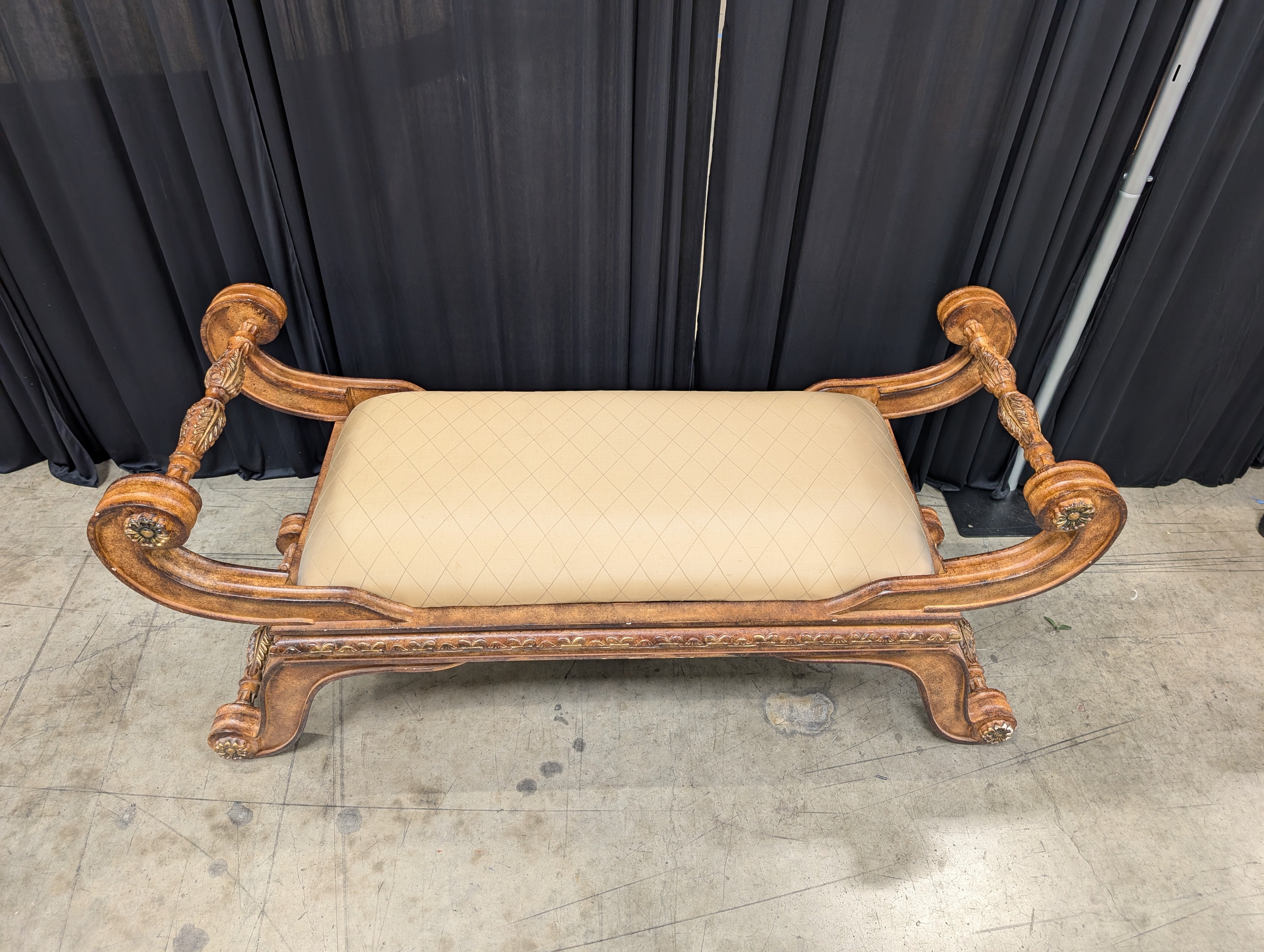 Ornate Carved Wood Chaise Lounge with Fringe Trim