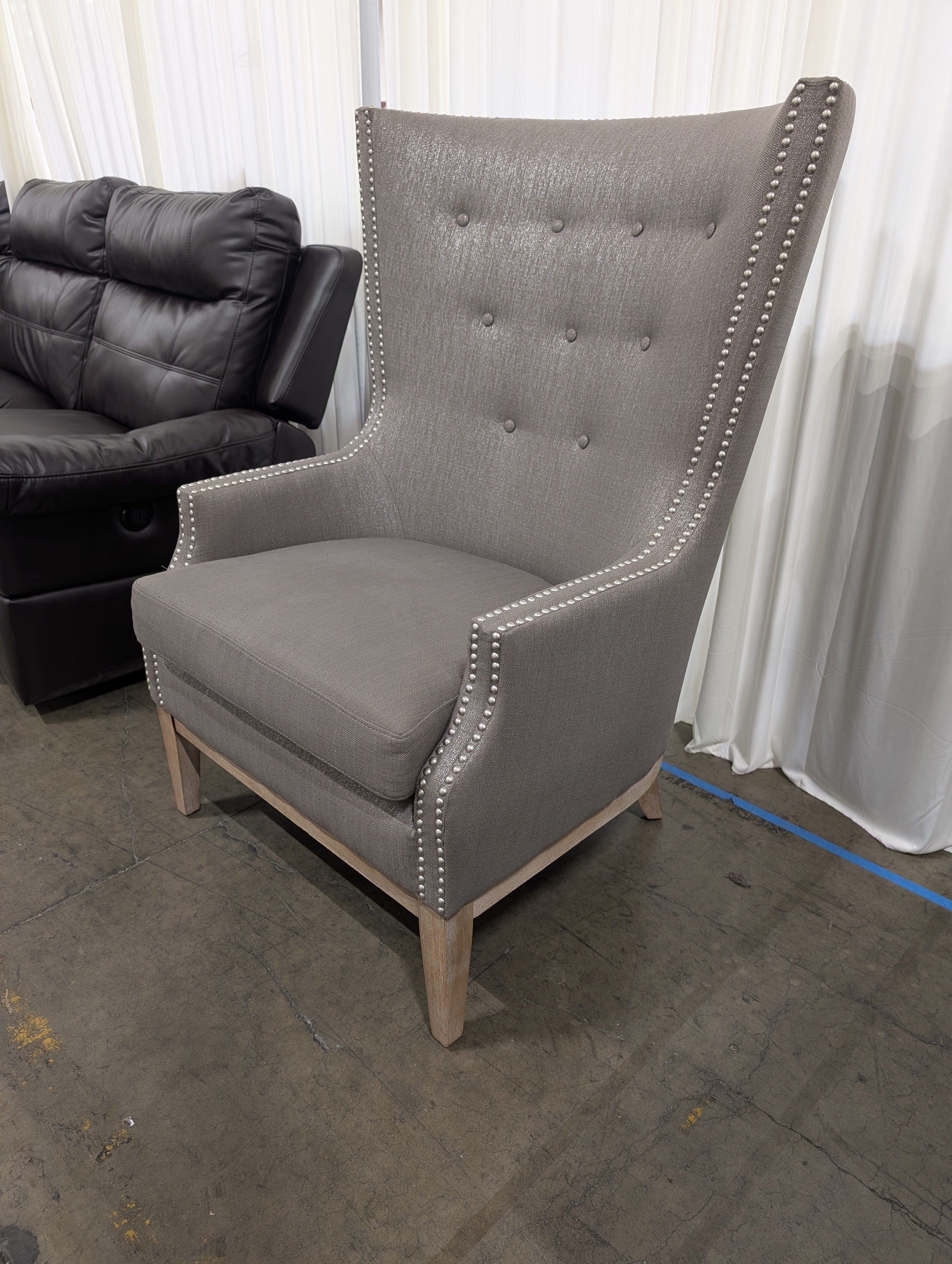 Grey Tufted Wingback Chair with Nailhead Trim