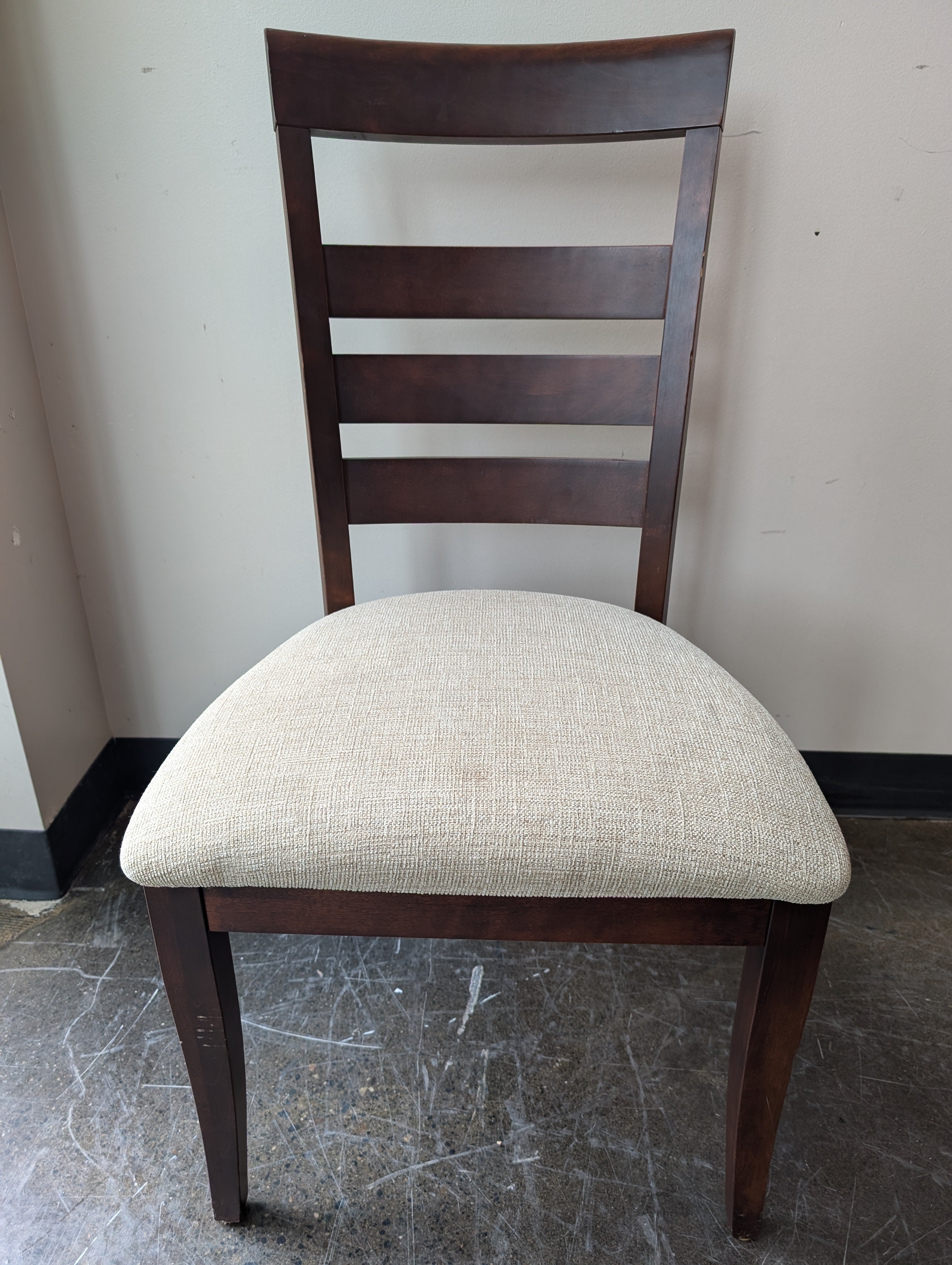 Set of Six Contemporary Dark Wood Slatted Back Dining Chair with Beige Upholstery