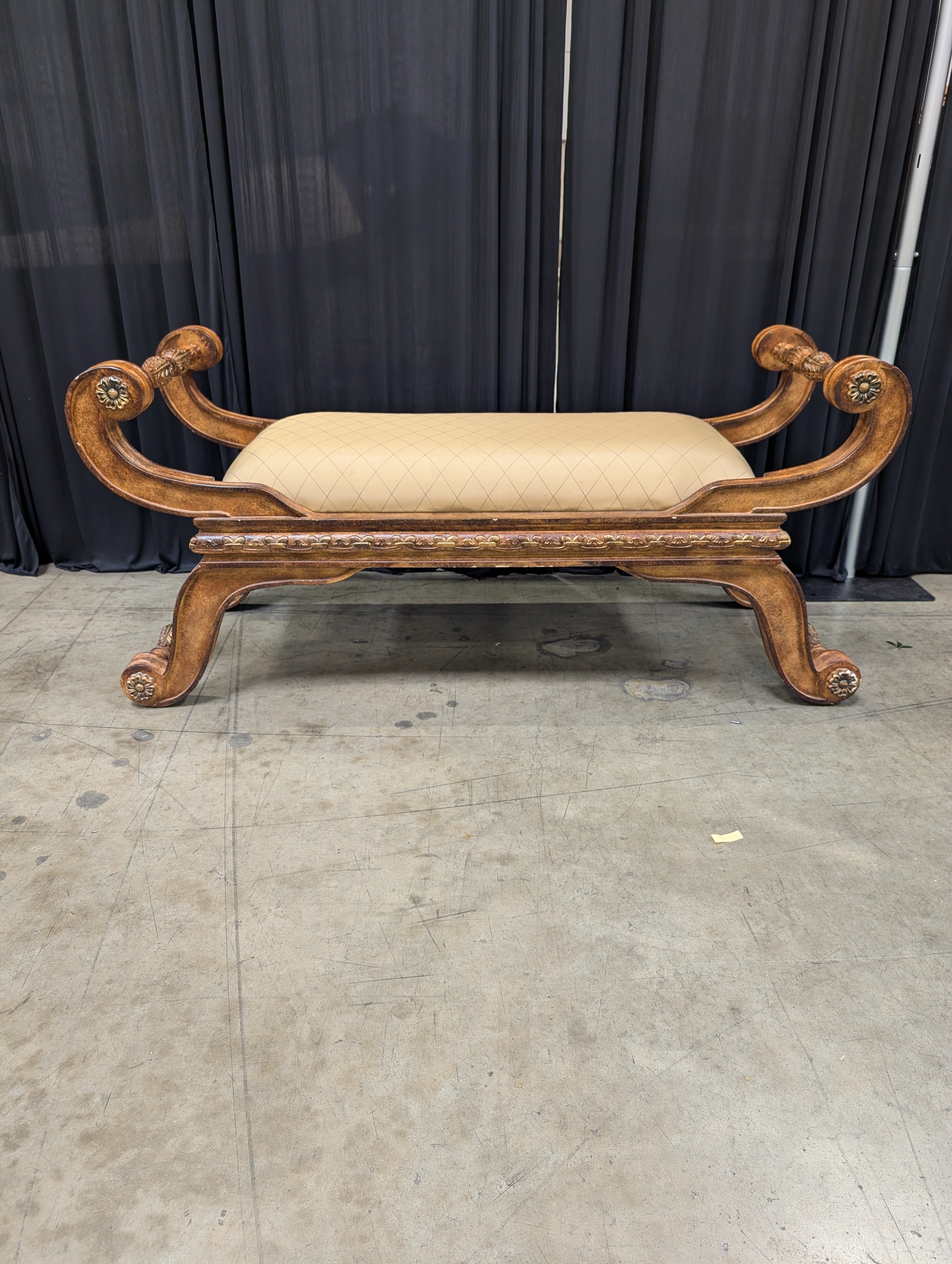 Ornate Carved Wood Chaise Lounge with Fringe Trim