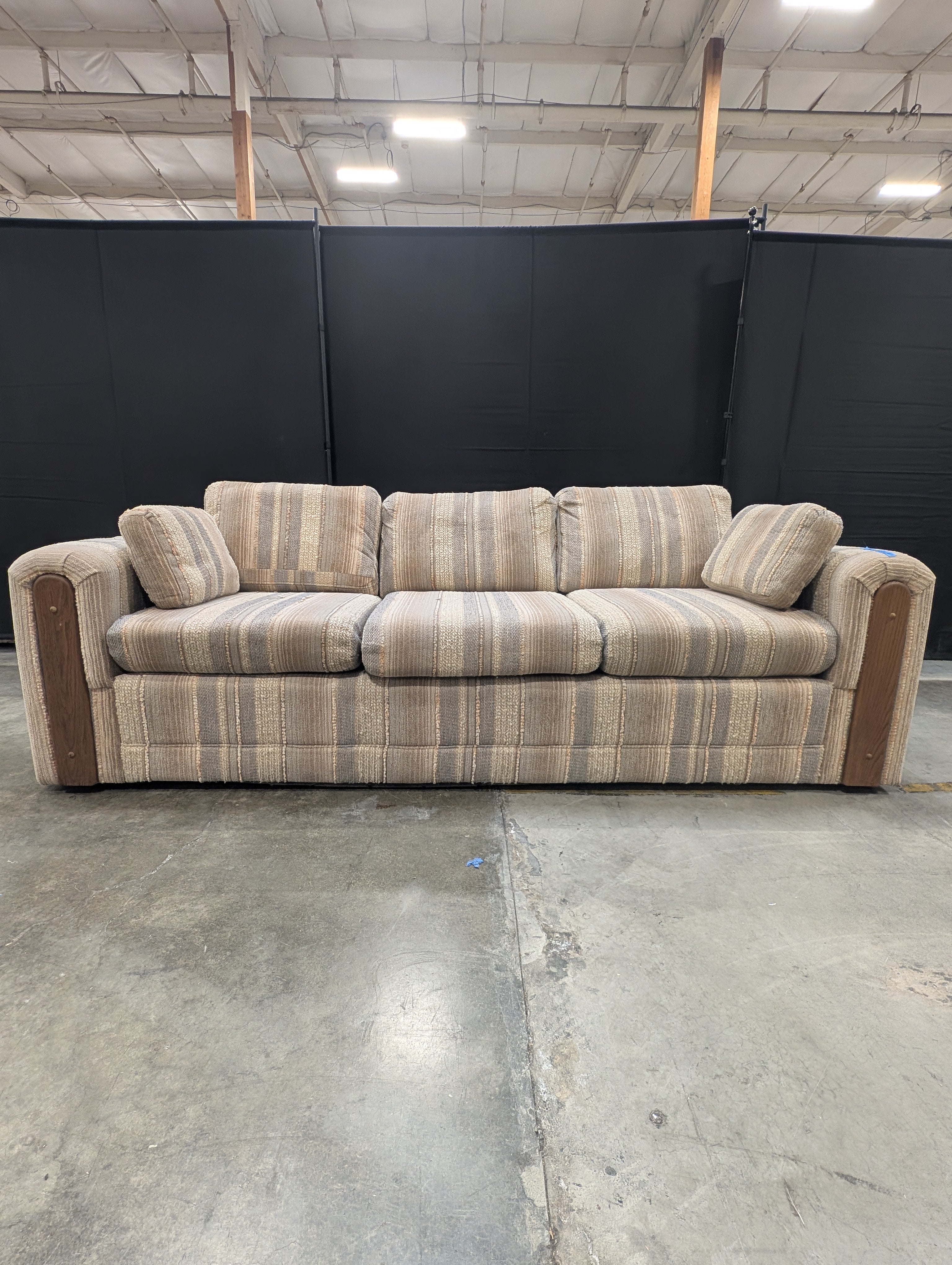 Striped Fabric Three-Seater Sofa with Wood Arm Accents