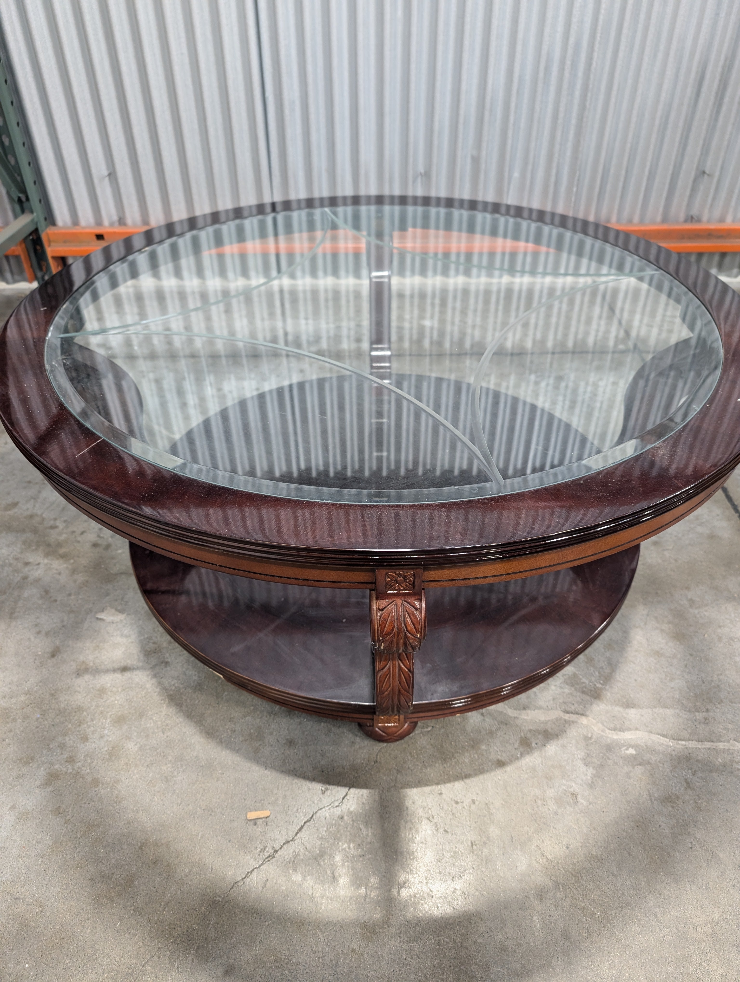Circular Dark Wood Coffee Table with Glass Inlay