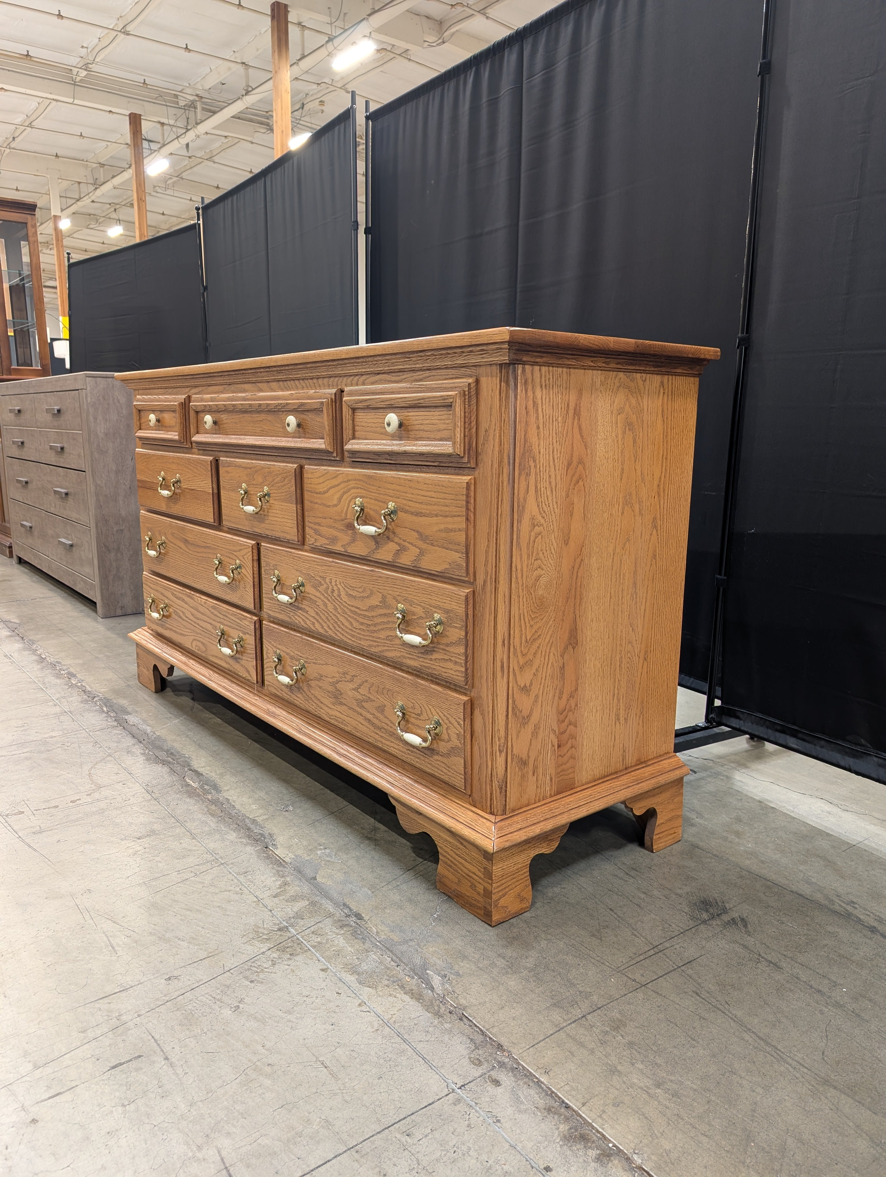KELLER Furniture Oak Finish Chest of Drawers with Brass Hardware