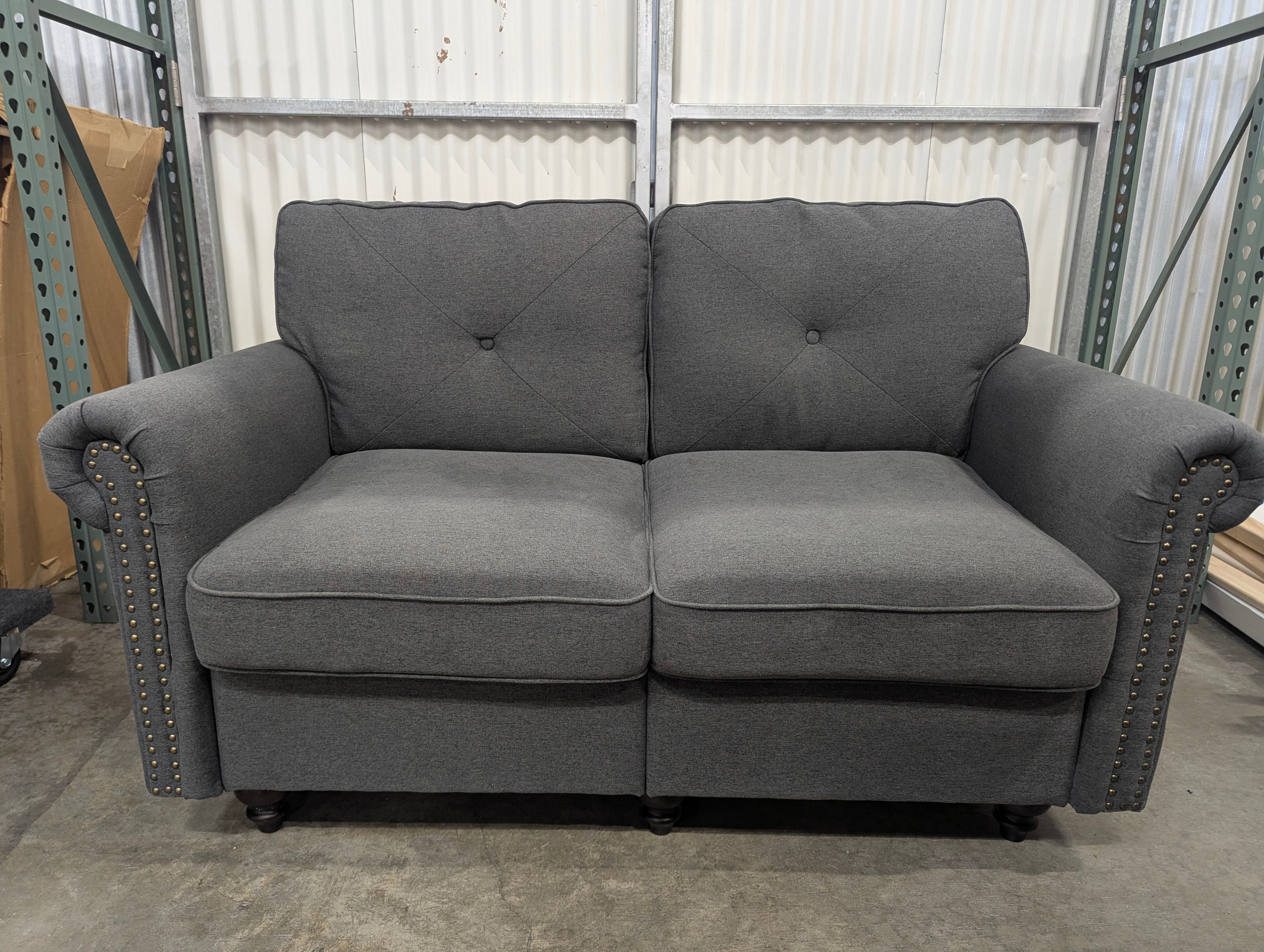 Dark Gray Fabric Loveseat with Nailhead Trim