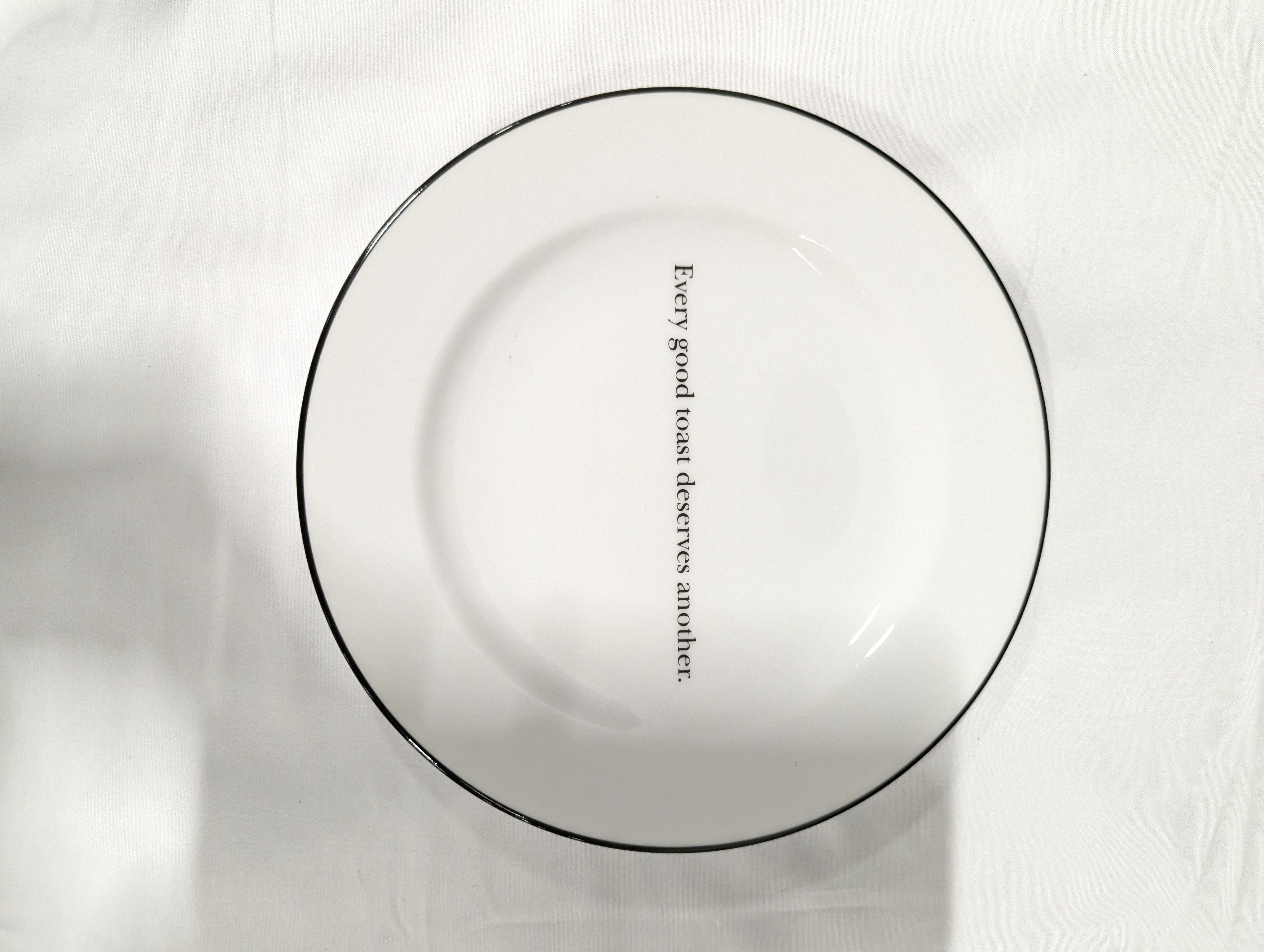 Whimsical White Ceramic Plate with Cocktail Quote Black Rim