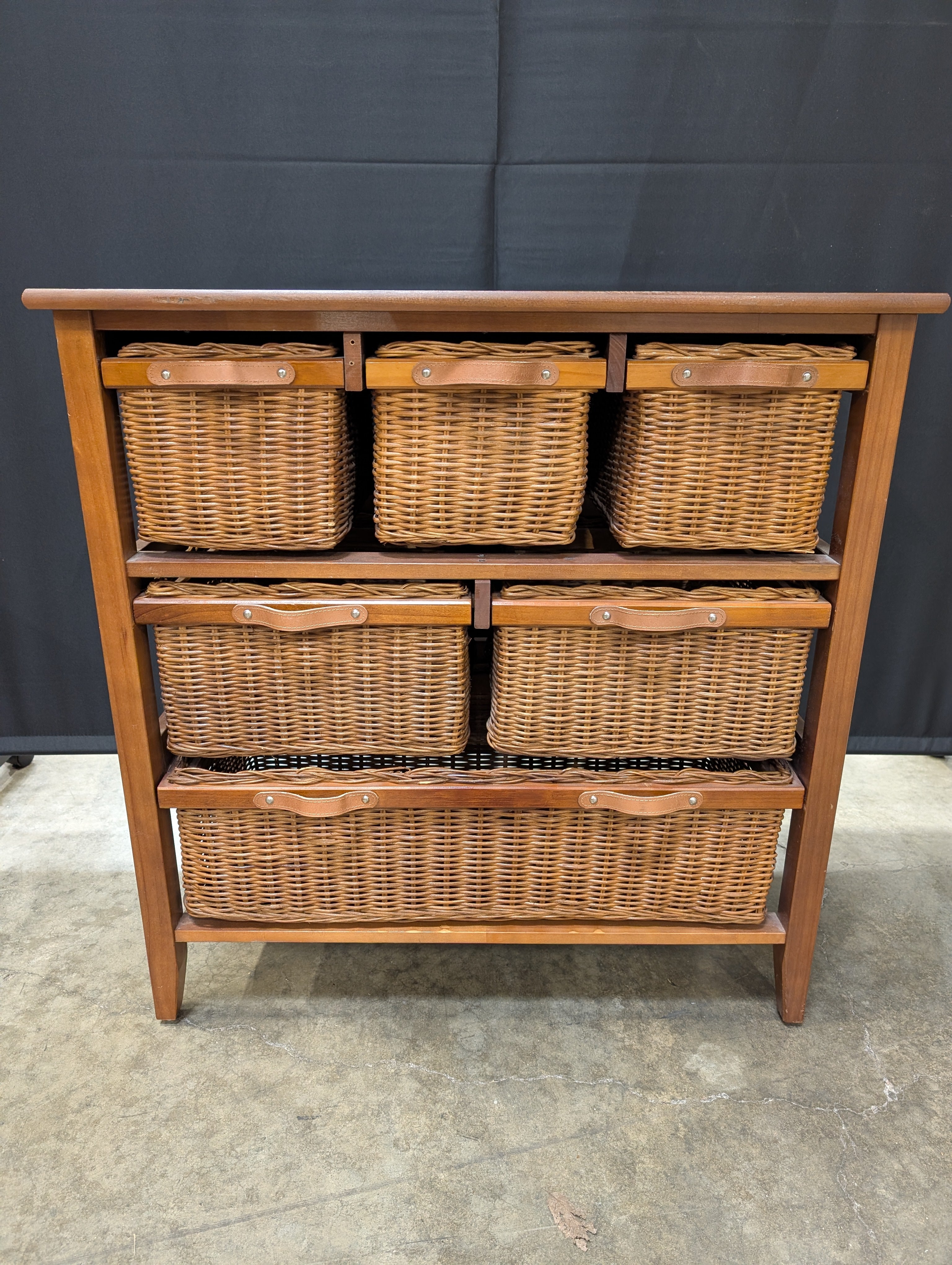 Rustic Dark Wood & Wicker Storage Cabinet with 6 Baskets & Leather Pulls