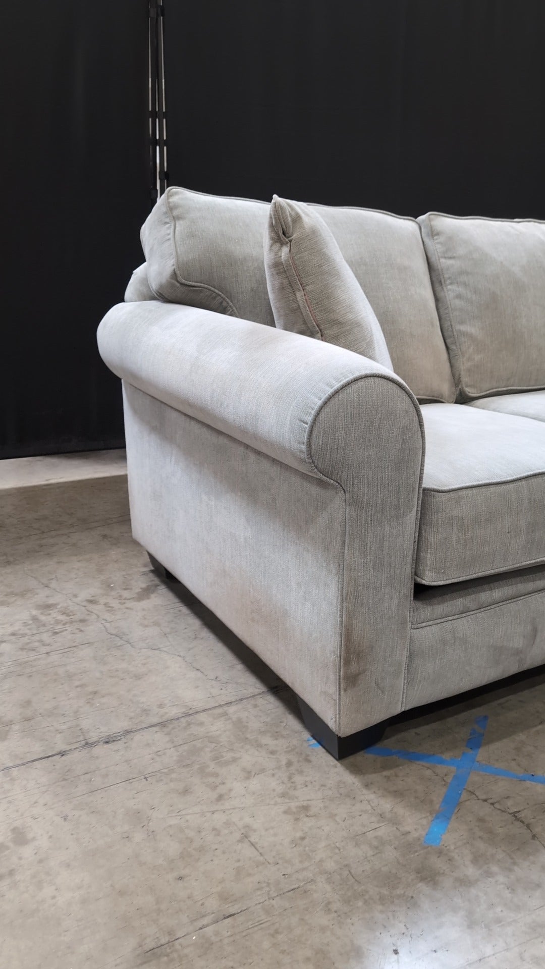 Used Greige Fabric Three-Seater Sofa with Rolled Arms