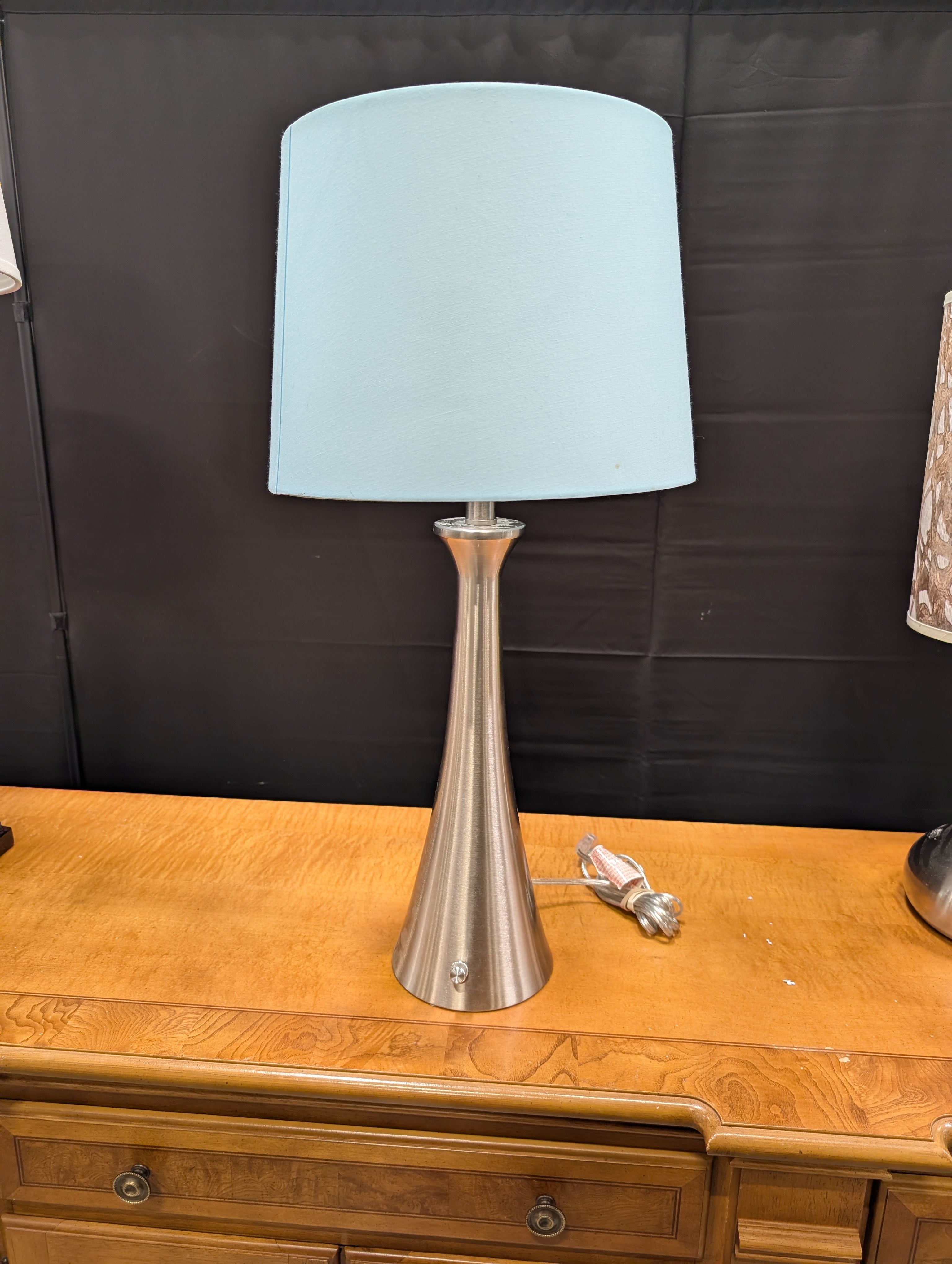 Modern Brushed Metal Table Lamp with Sky Blue Fabric Shade