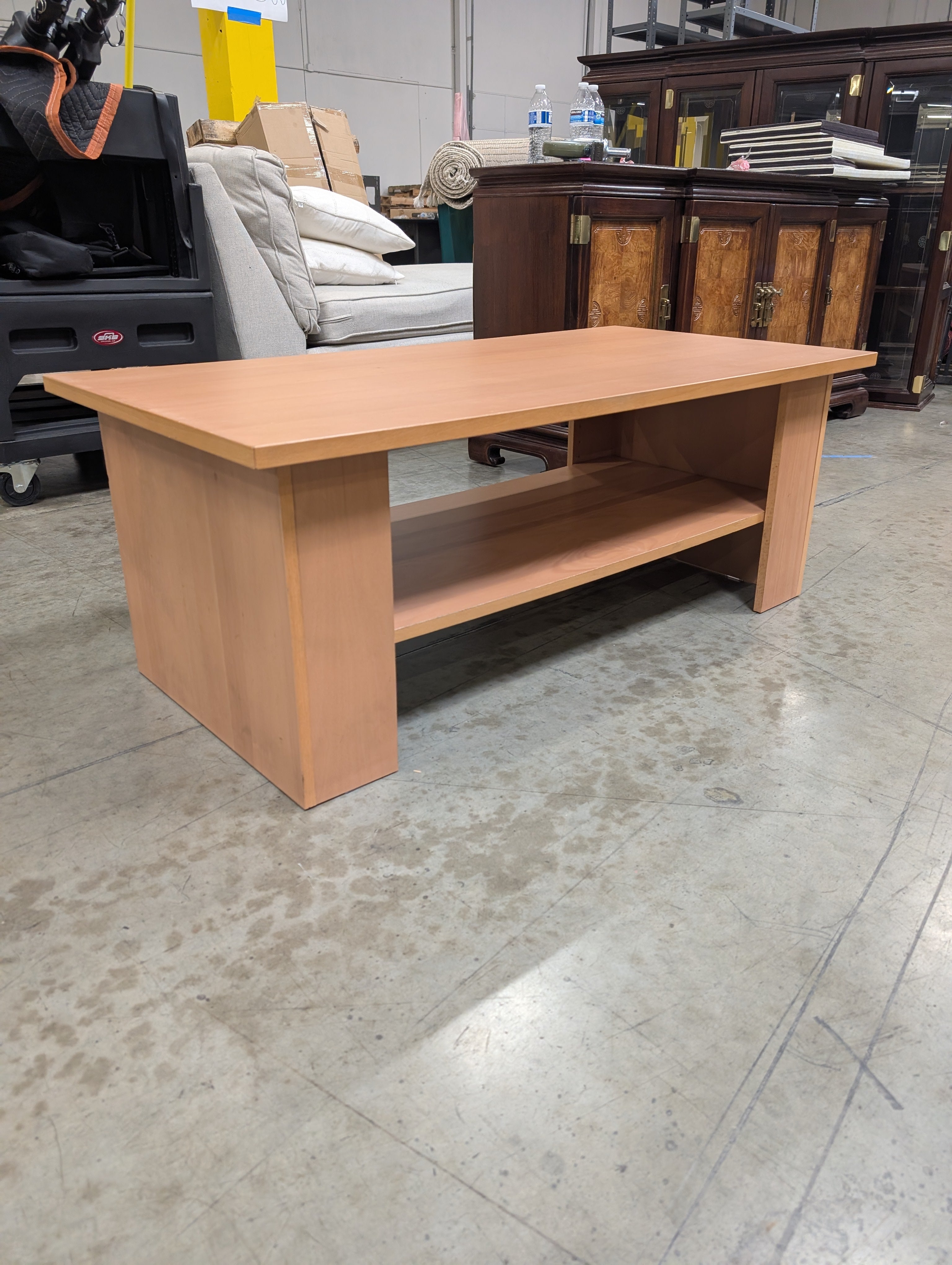 Modern Blonde Wood Rectangular Coffee Table with Open Storage