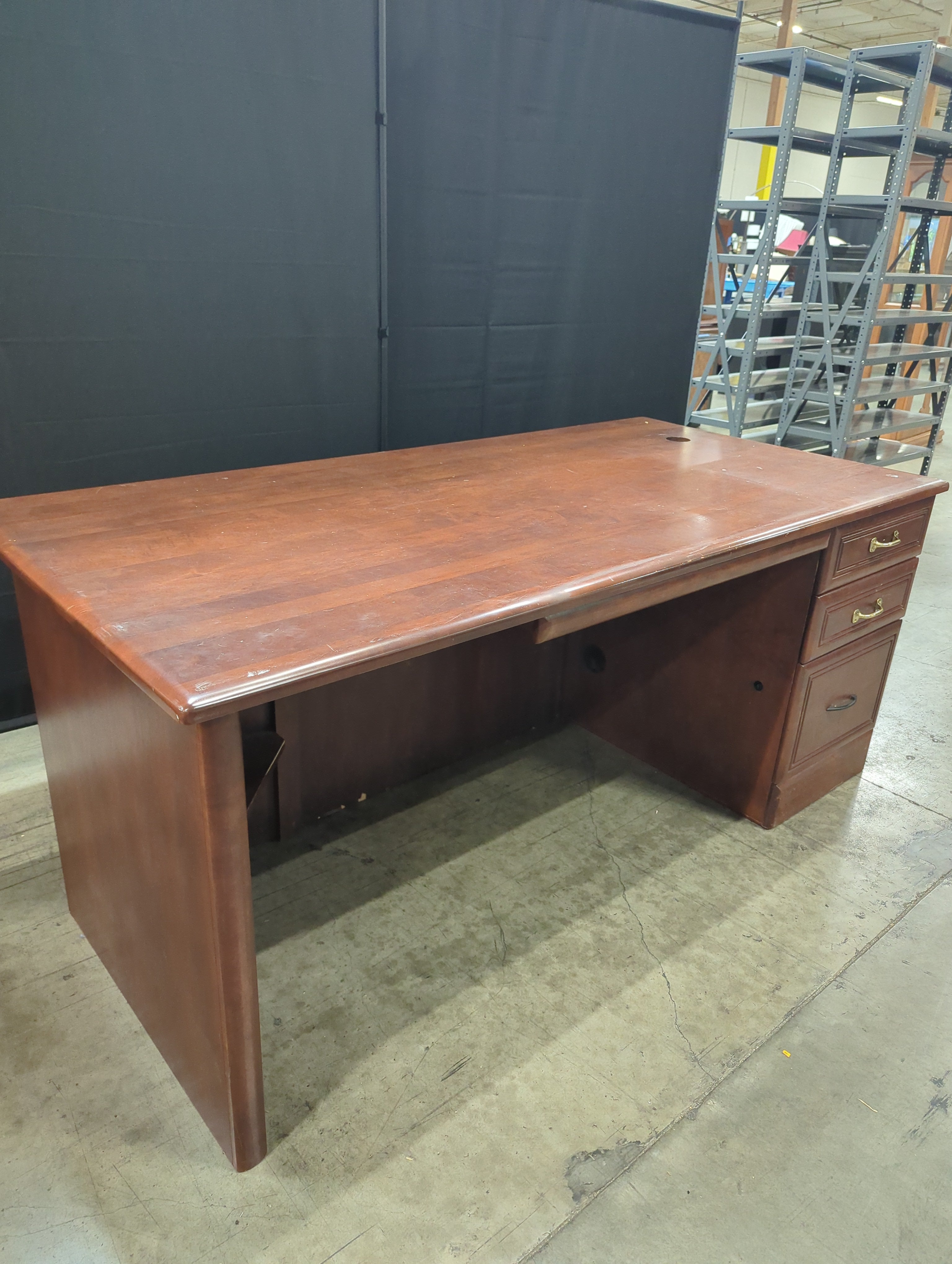 Sturdy Traditional Wood Office Desk with Storage - Reddish-Brown Finish