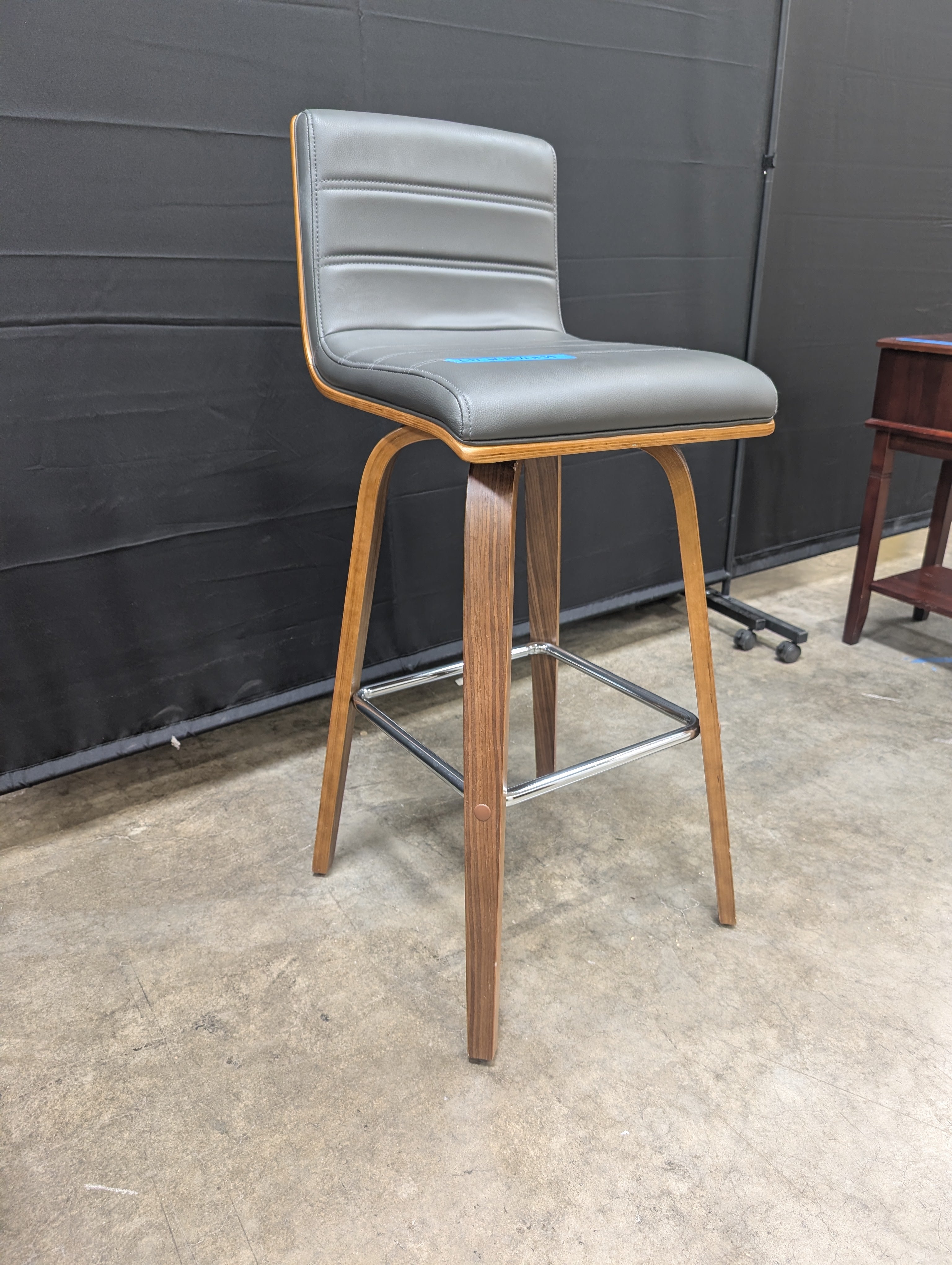 Grey Channel-Tufted Bar Stool in Walnut Wood