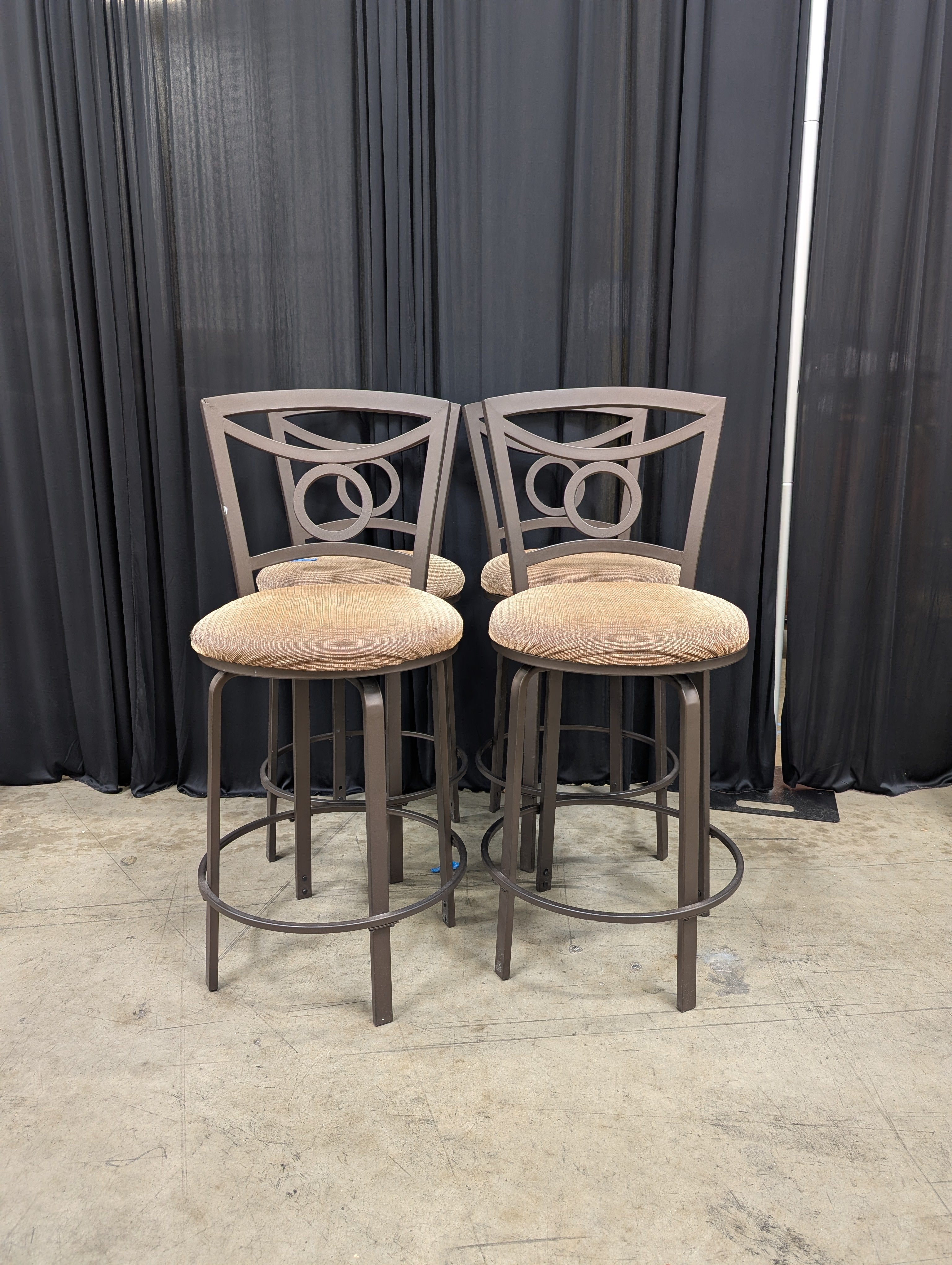 Set of Four Tan Upholstered Swivel Bar Stool in Dark Metal