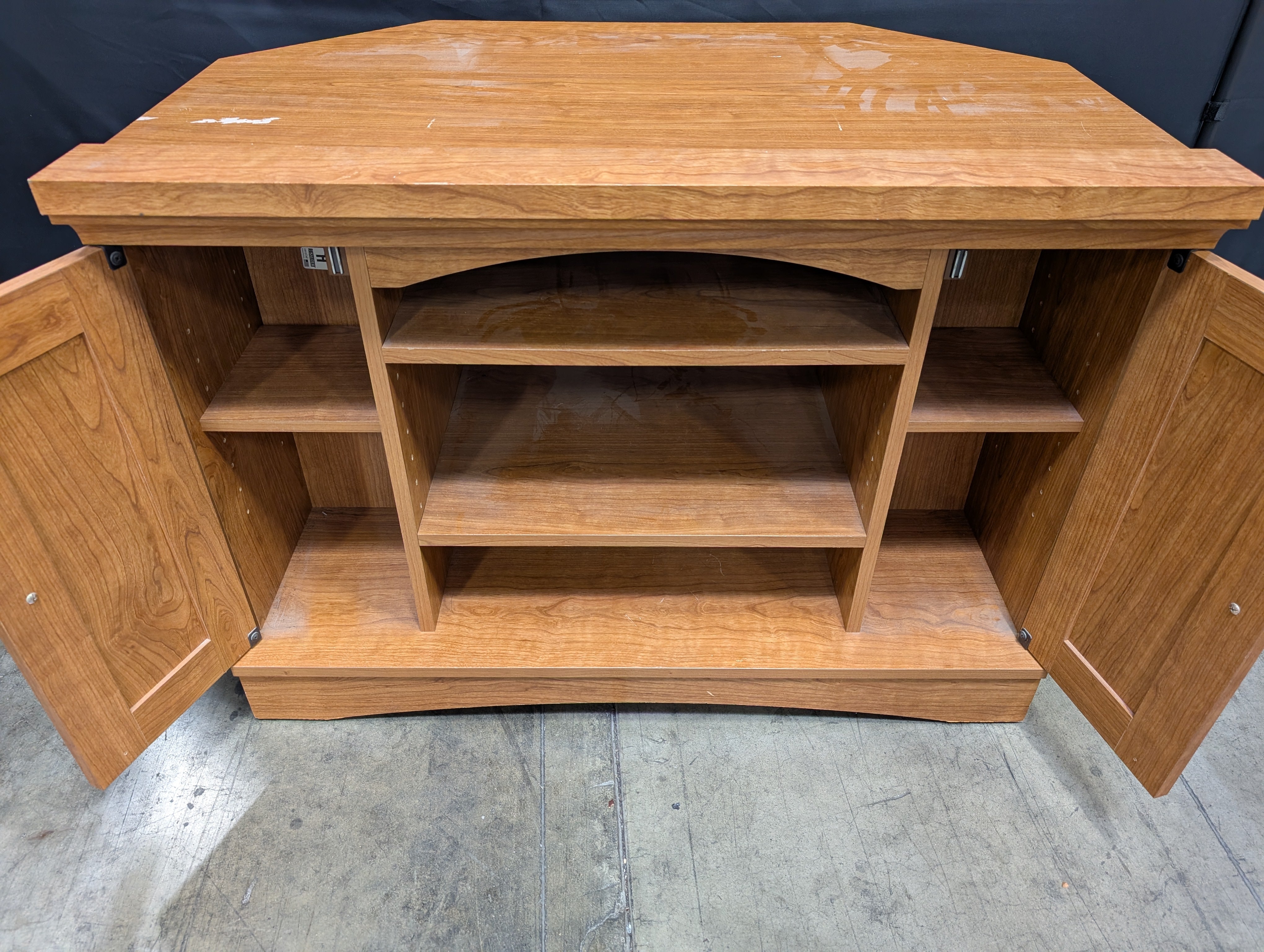 Cherry Toned Wood Media Cabinet with Open Shelving