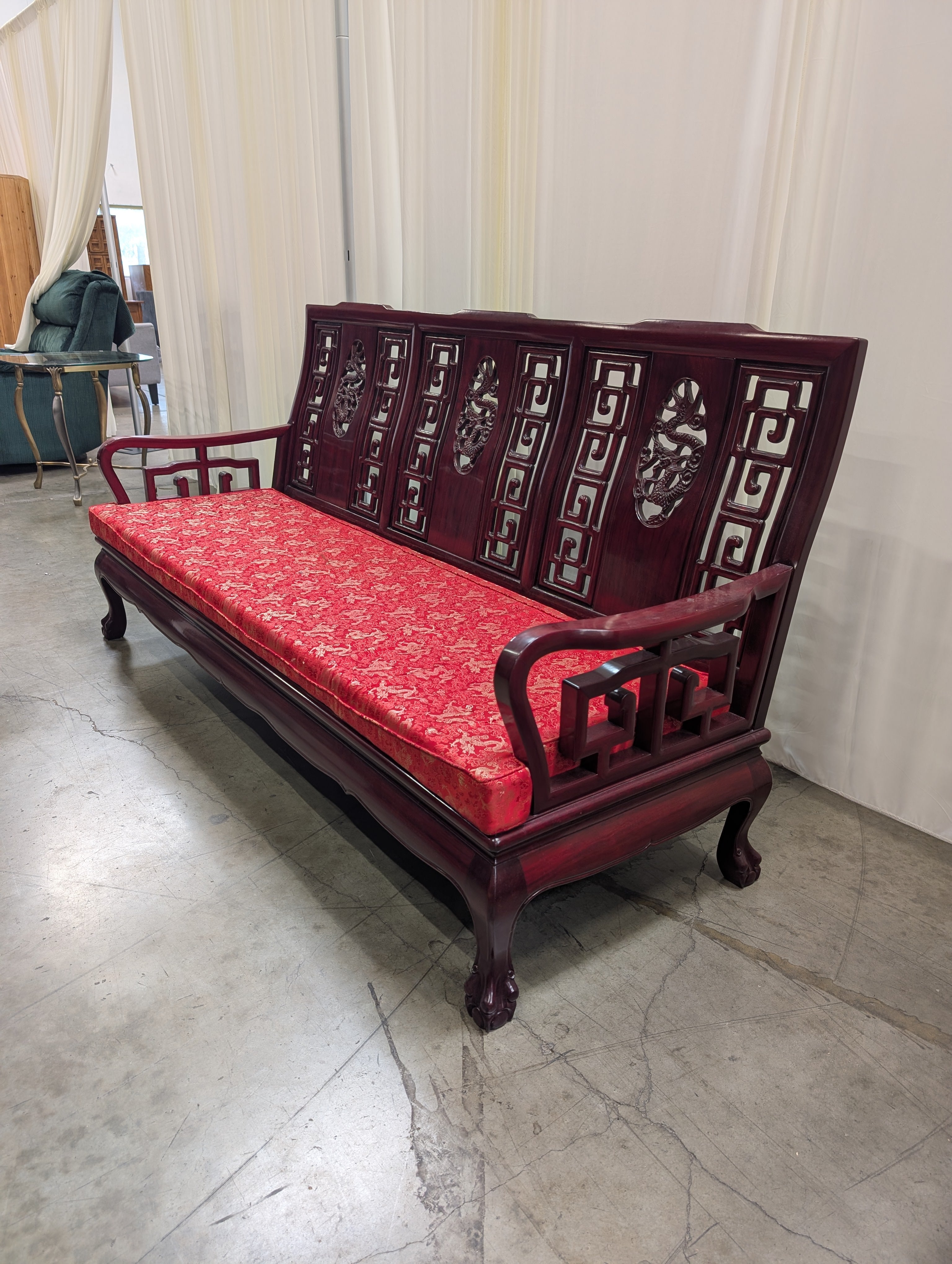 Dark Wood Asian Style Couch with Red Cushion