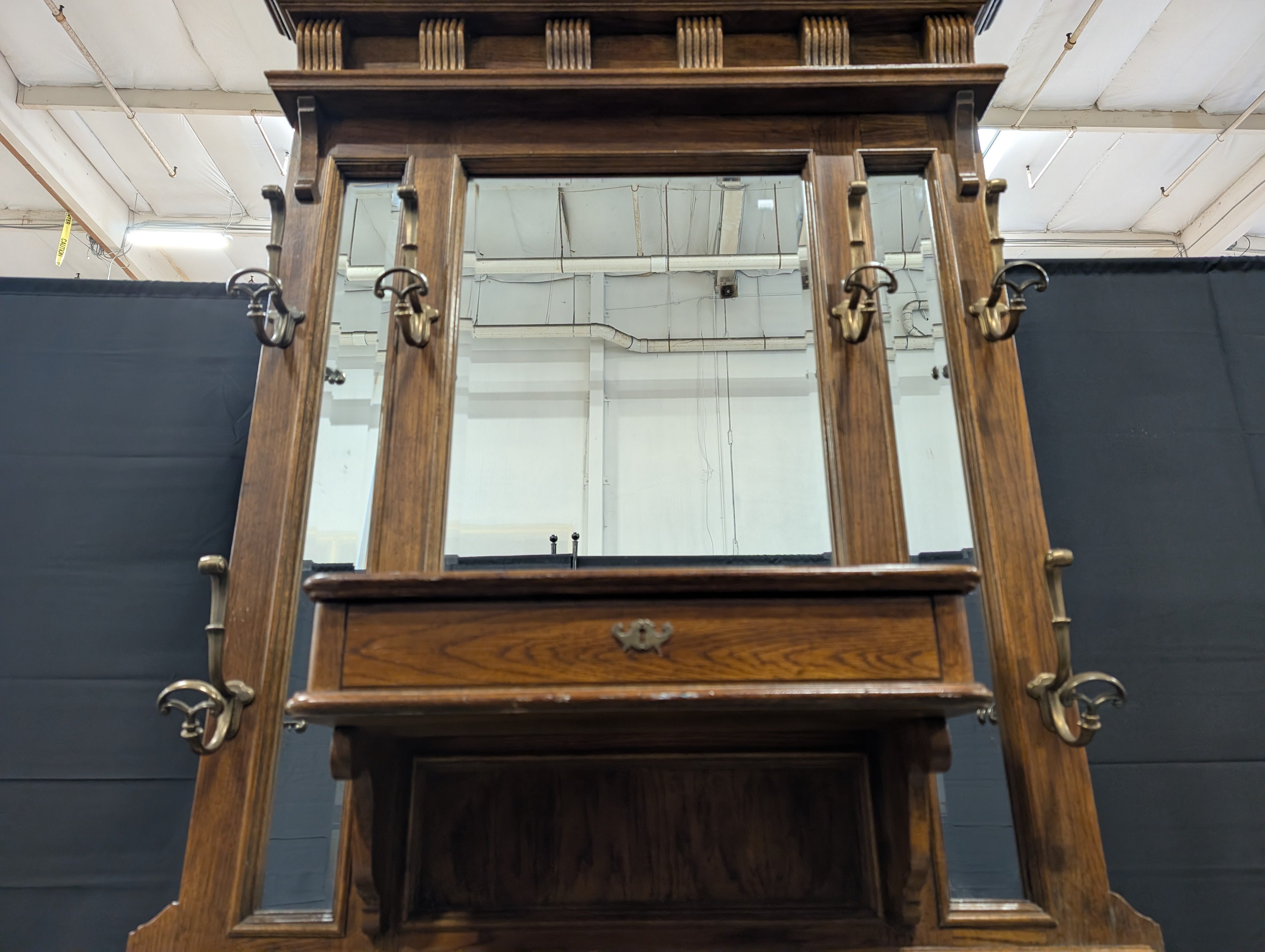 Vintage Hardwood Entryway Hall Tree with Mirror and Brass Accents
