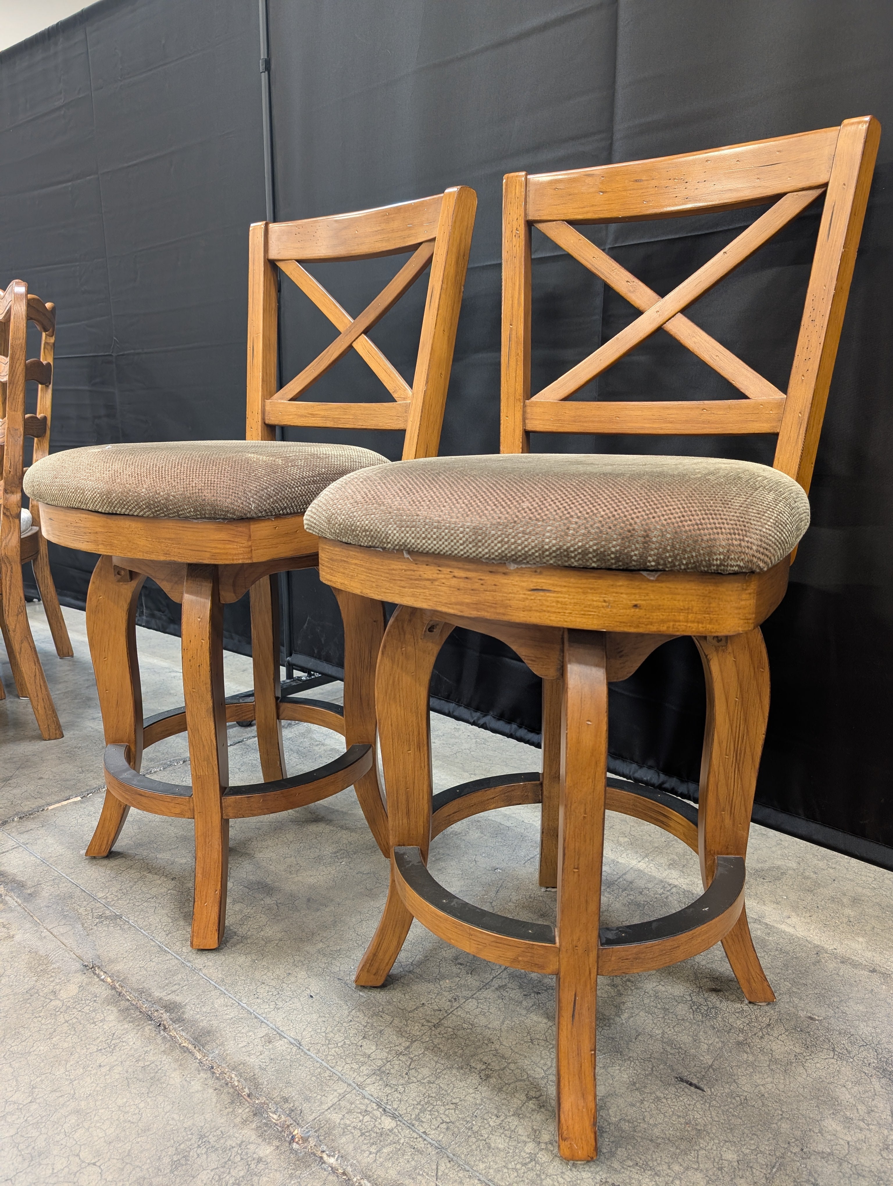 Pair of Wood X-Back Swivel Bar Stools