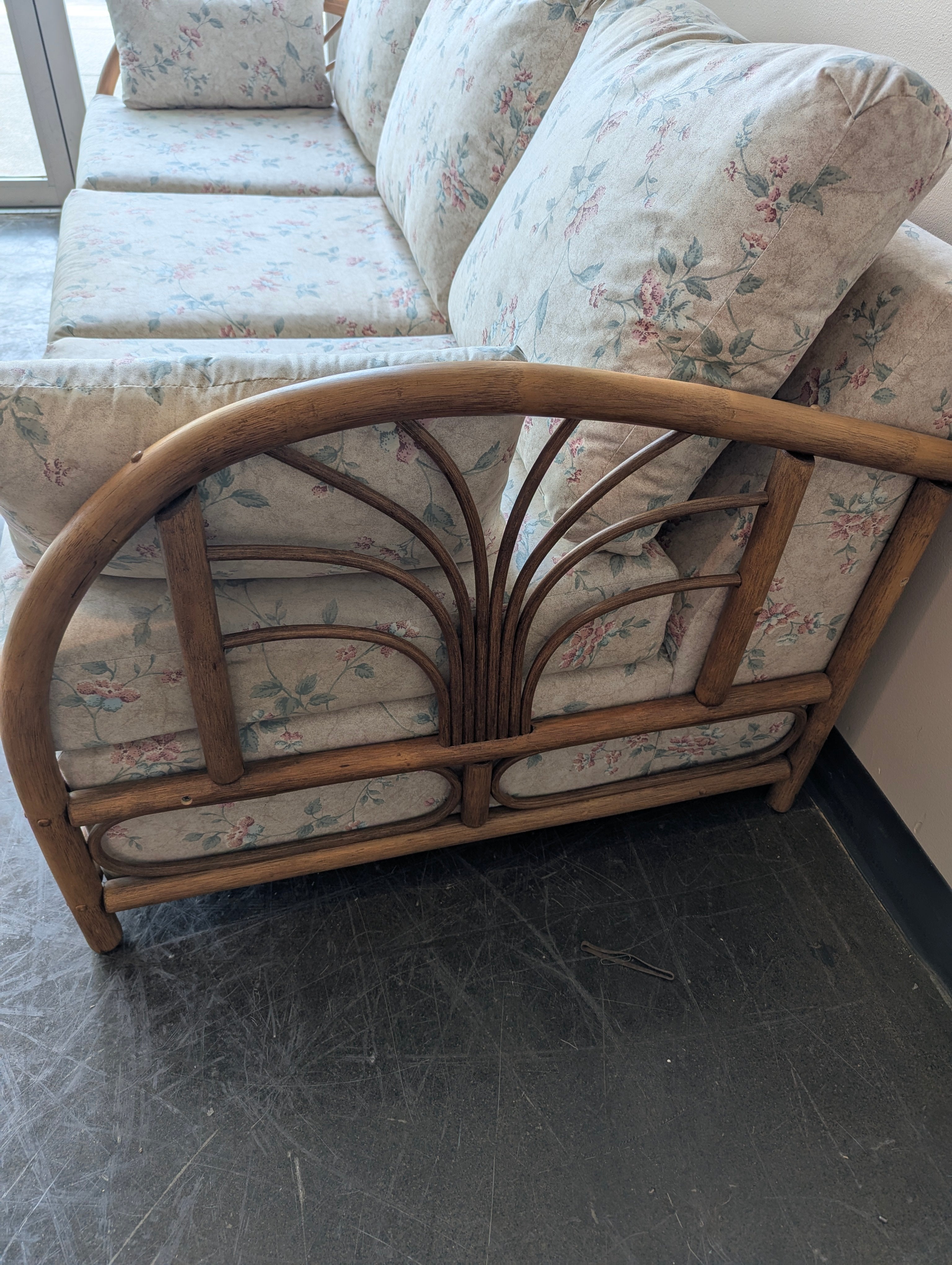 Vintage Rattan Three-Seat Sofa with Floral Upholstery