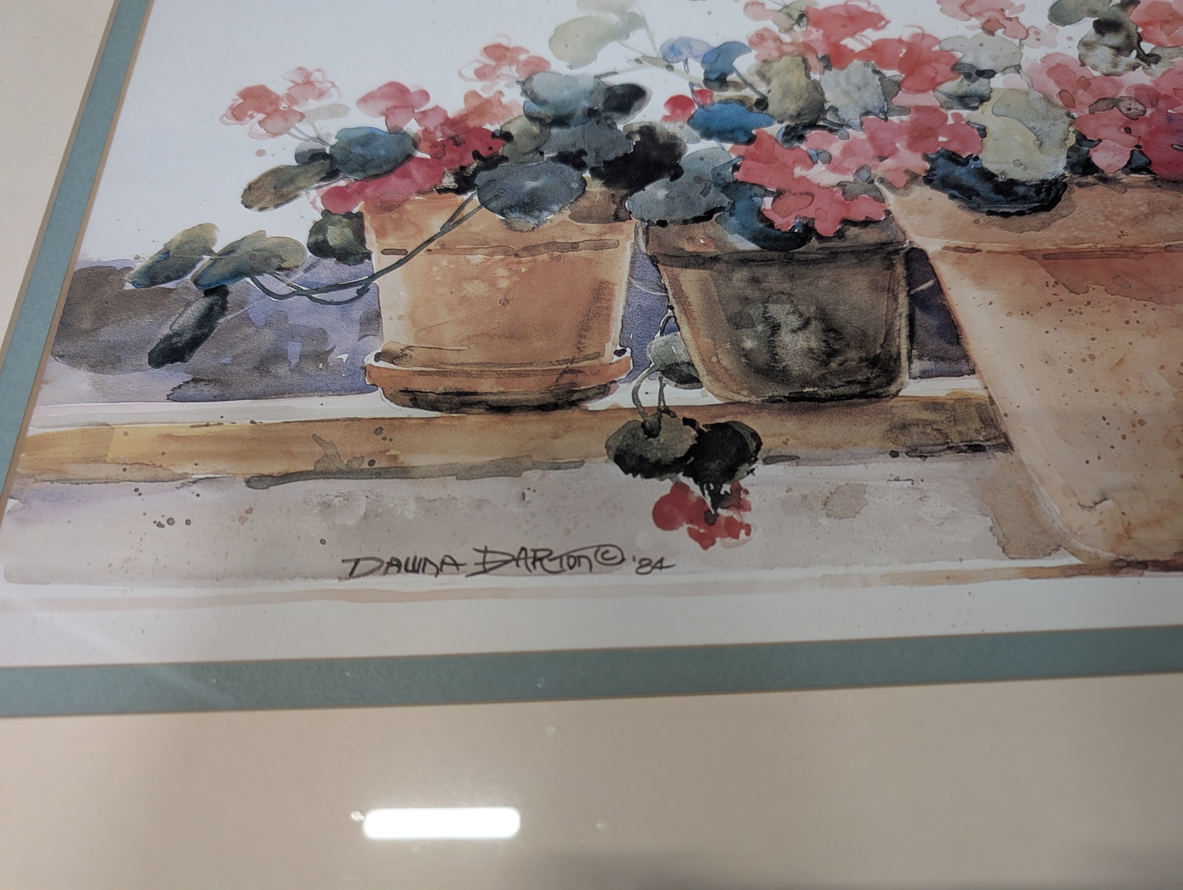 Floral Watercolor Geraniums Framed Print in Wood