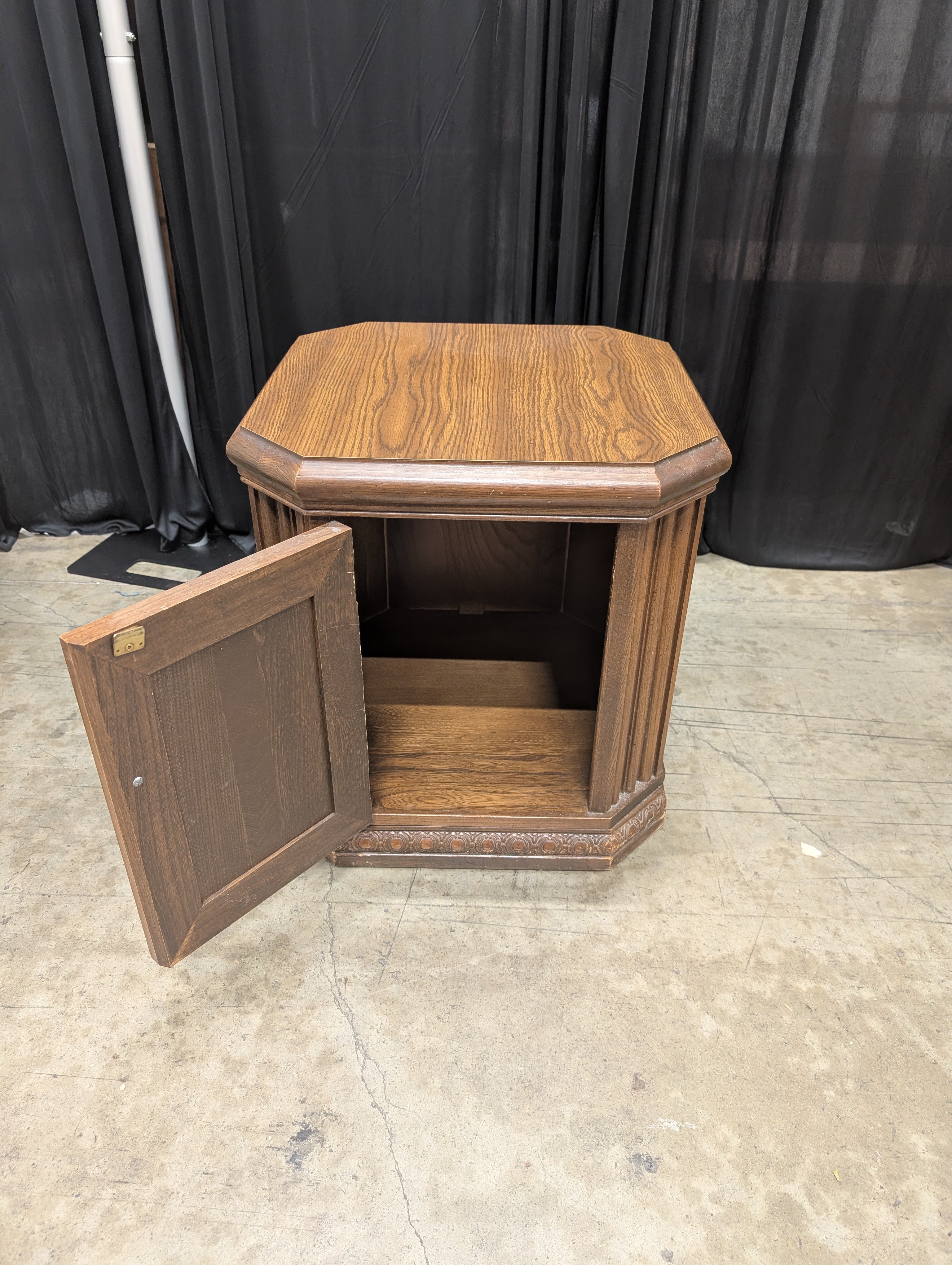 Vintage Hexagonal Wood End Table with Carved Door