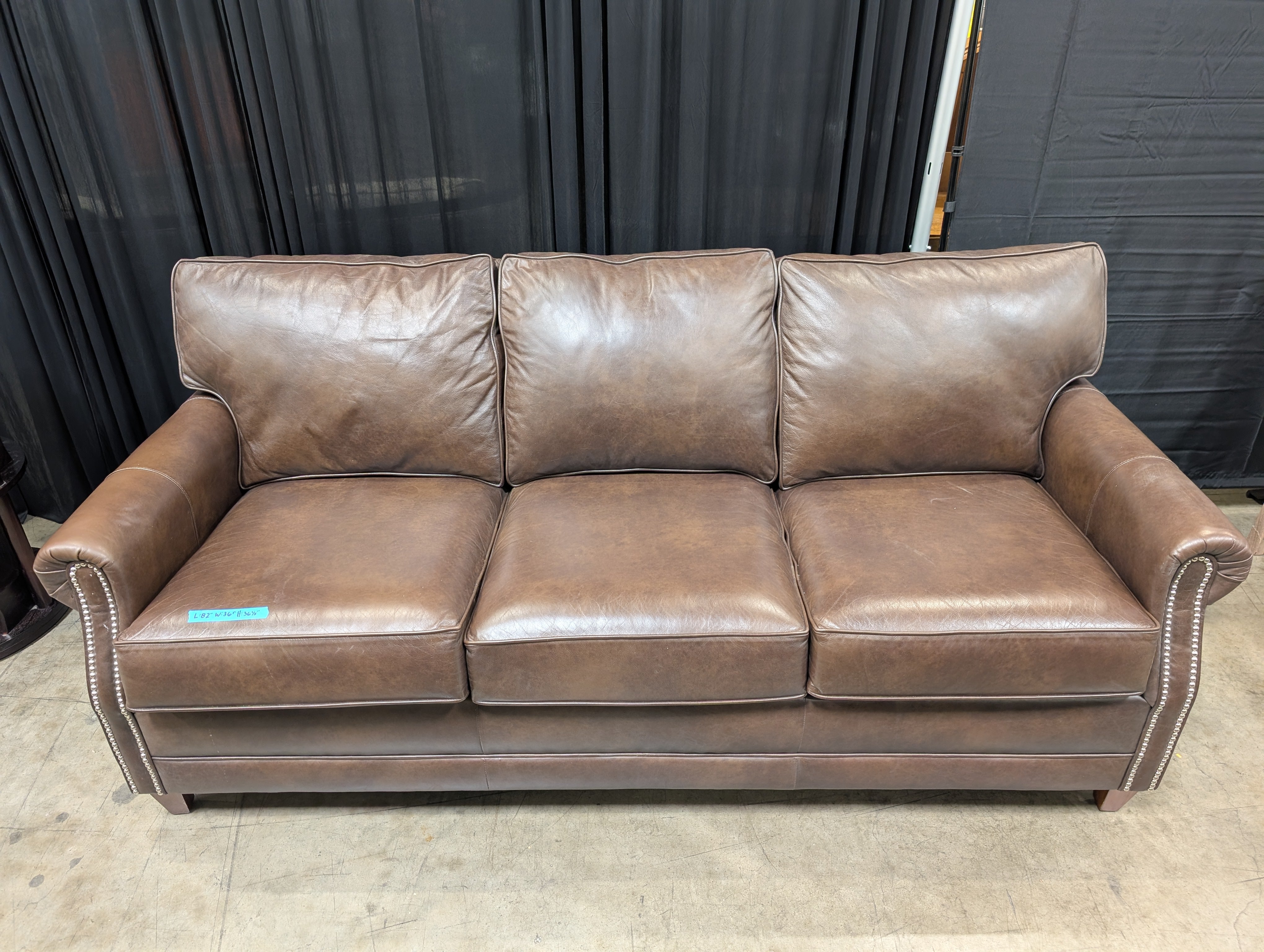 Brown Leather Three-Seat Couch with Nailhead Trim
