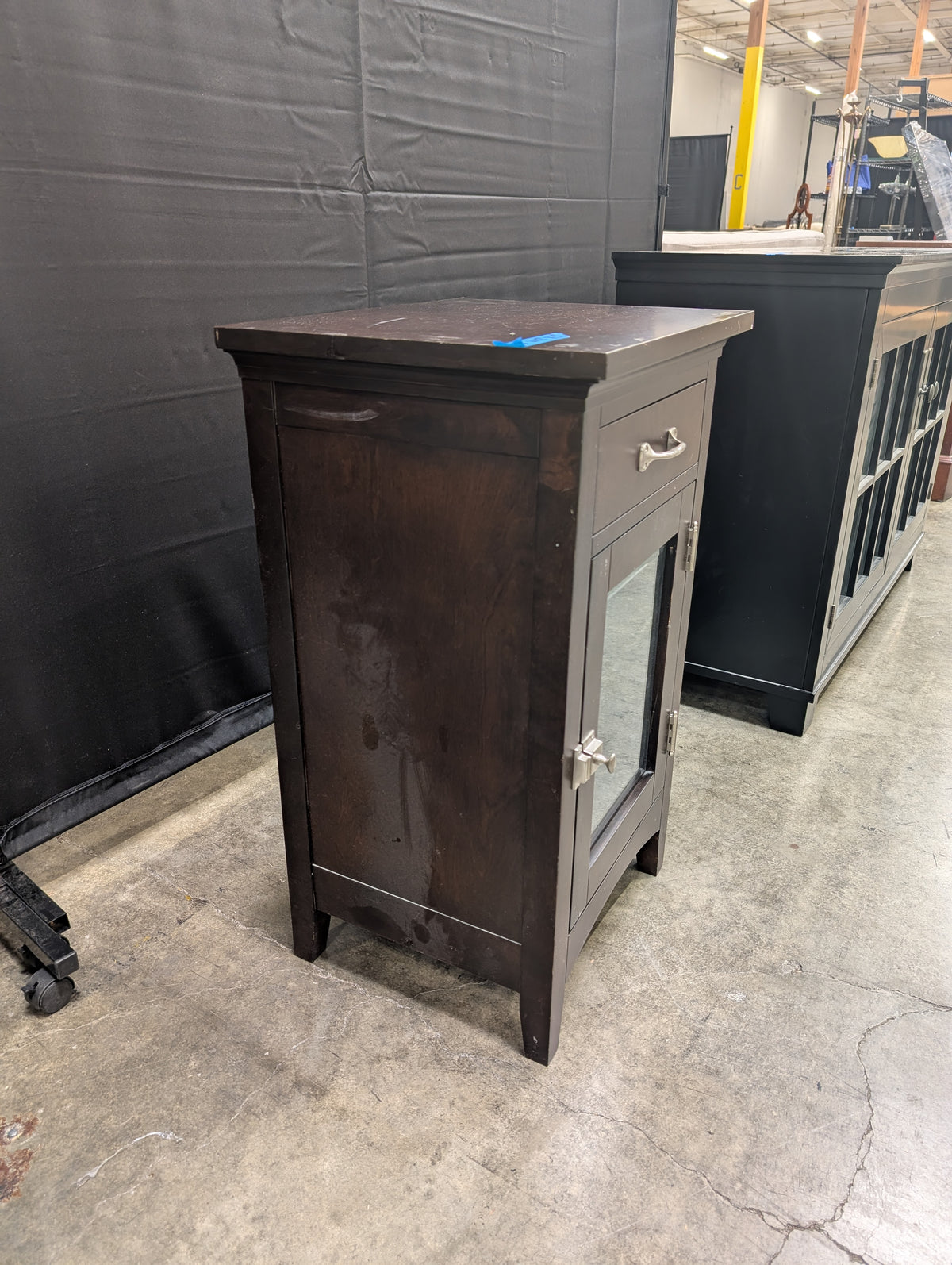 Dark Brown Wood Nightstand with Glass Door