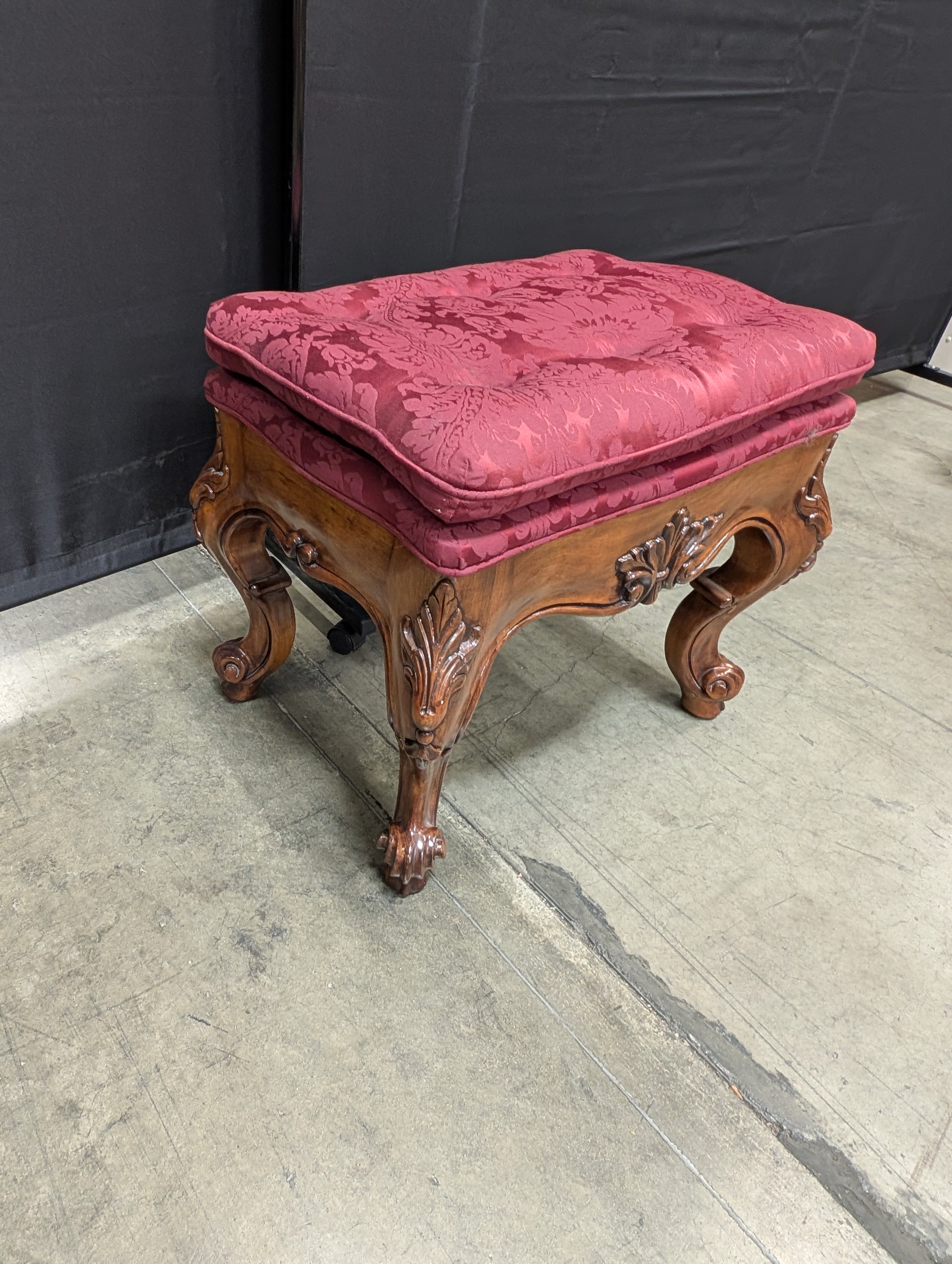 Ornate Carved Wood Tufted Ottoman