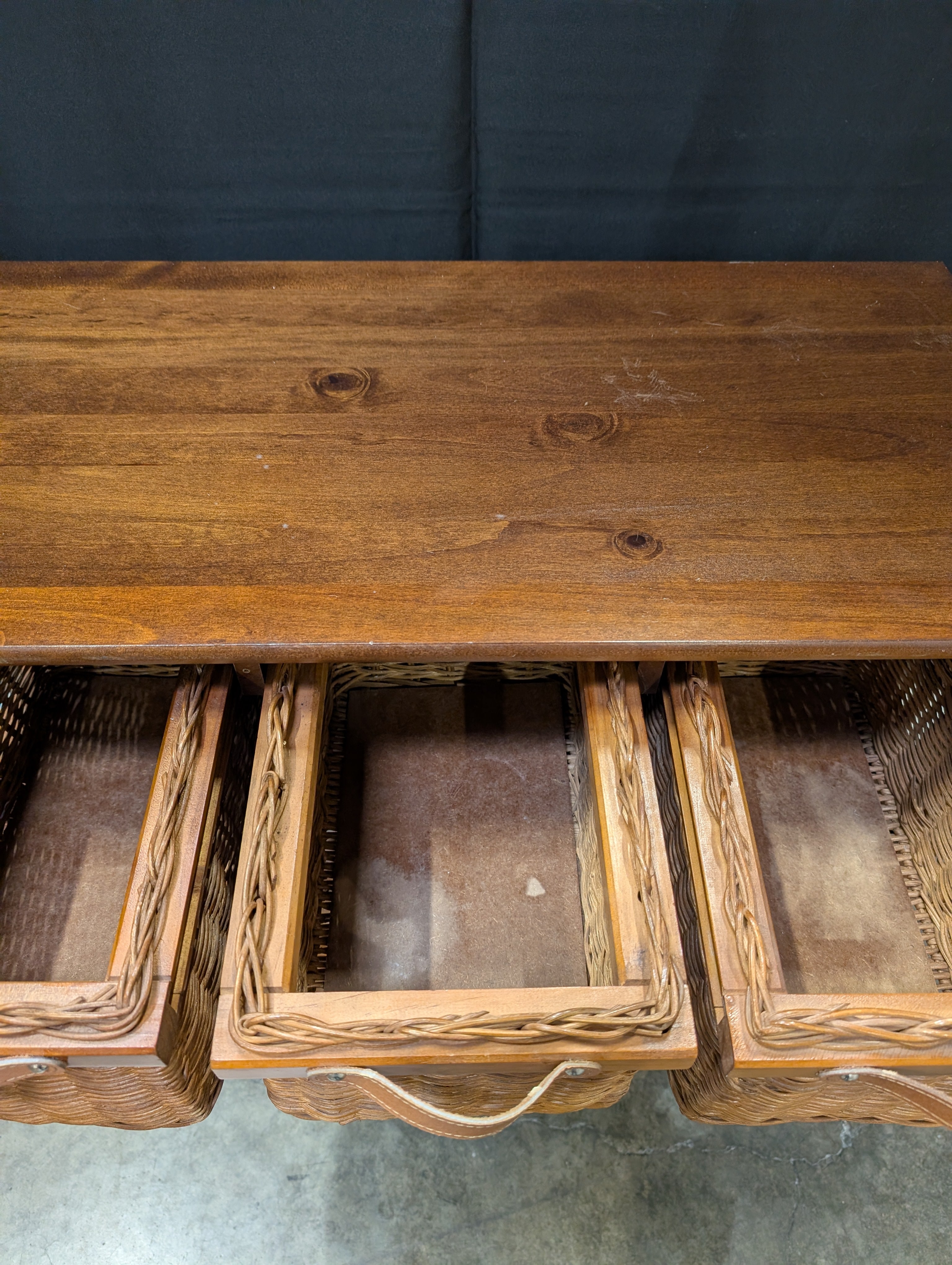 Rustic Dark Wood & Wicker Storage Cabinet with 6 Baskets & Leather Pulls