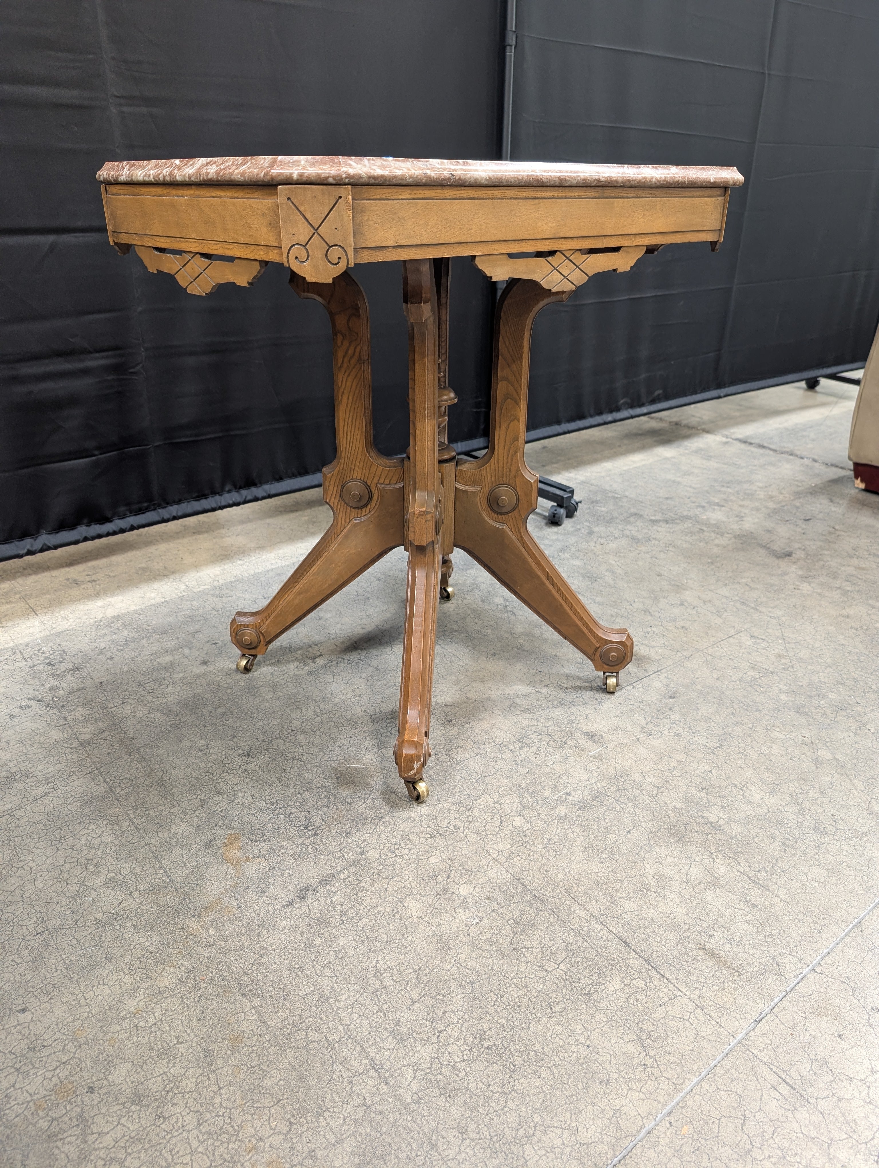 Vintage Hexagonal Marble Top Accent Table with Carved Wood Base