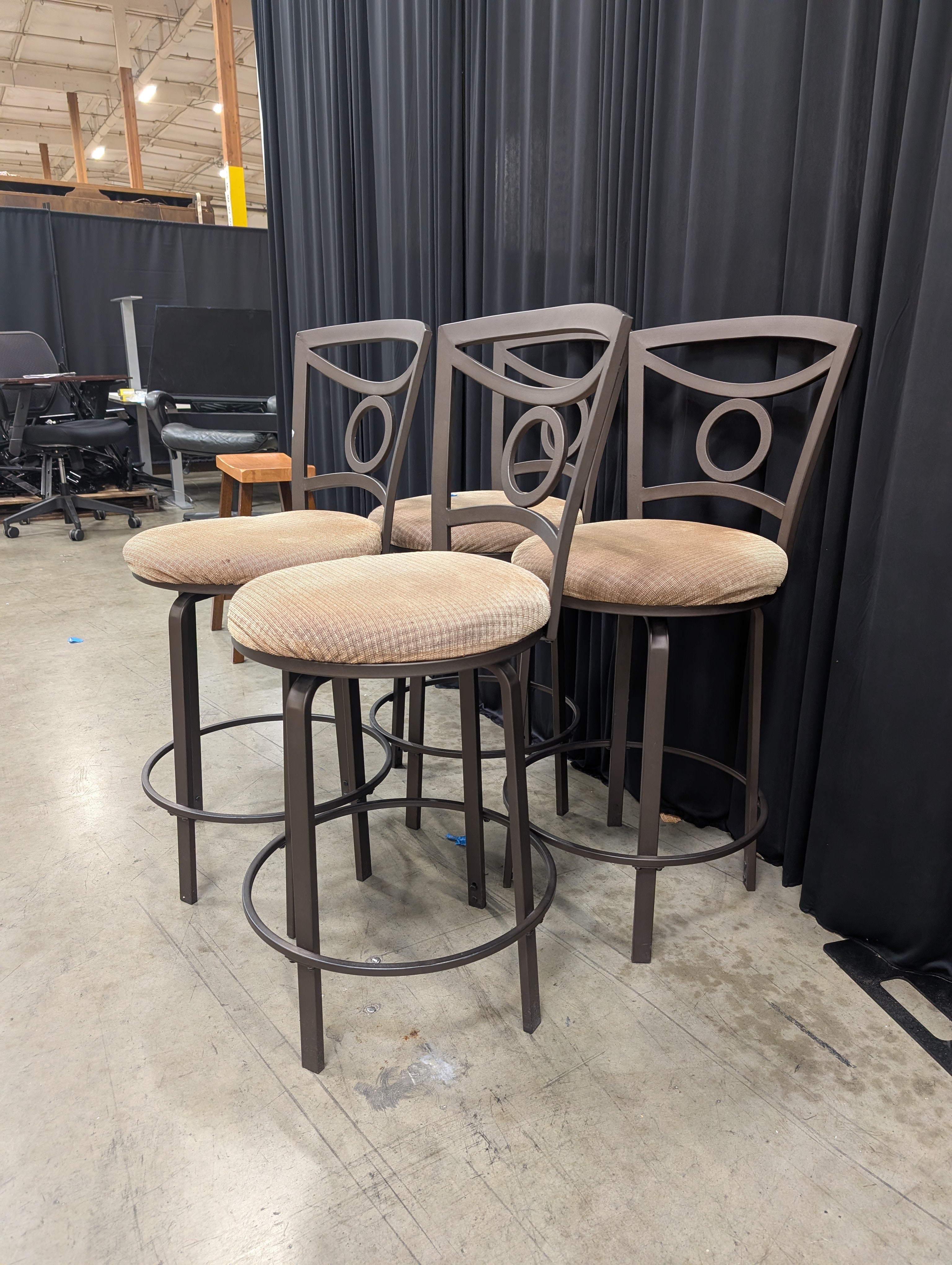 Set of Four Tan Upholstered Swivel Bar Stool in Dark Metal