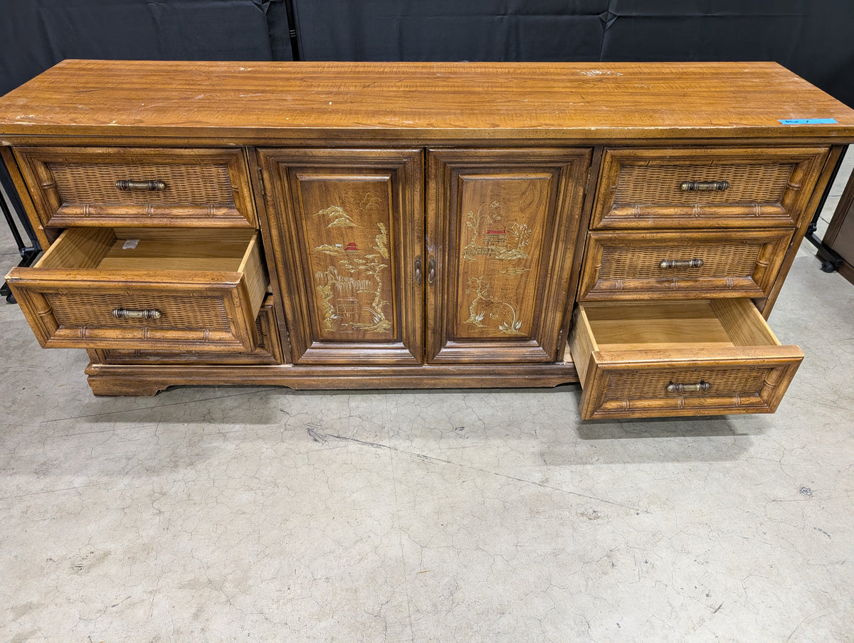 Vintage Bamboo Style Dresser with Carved Panels