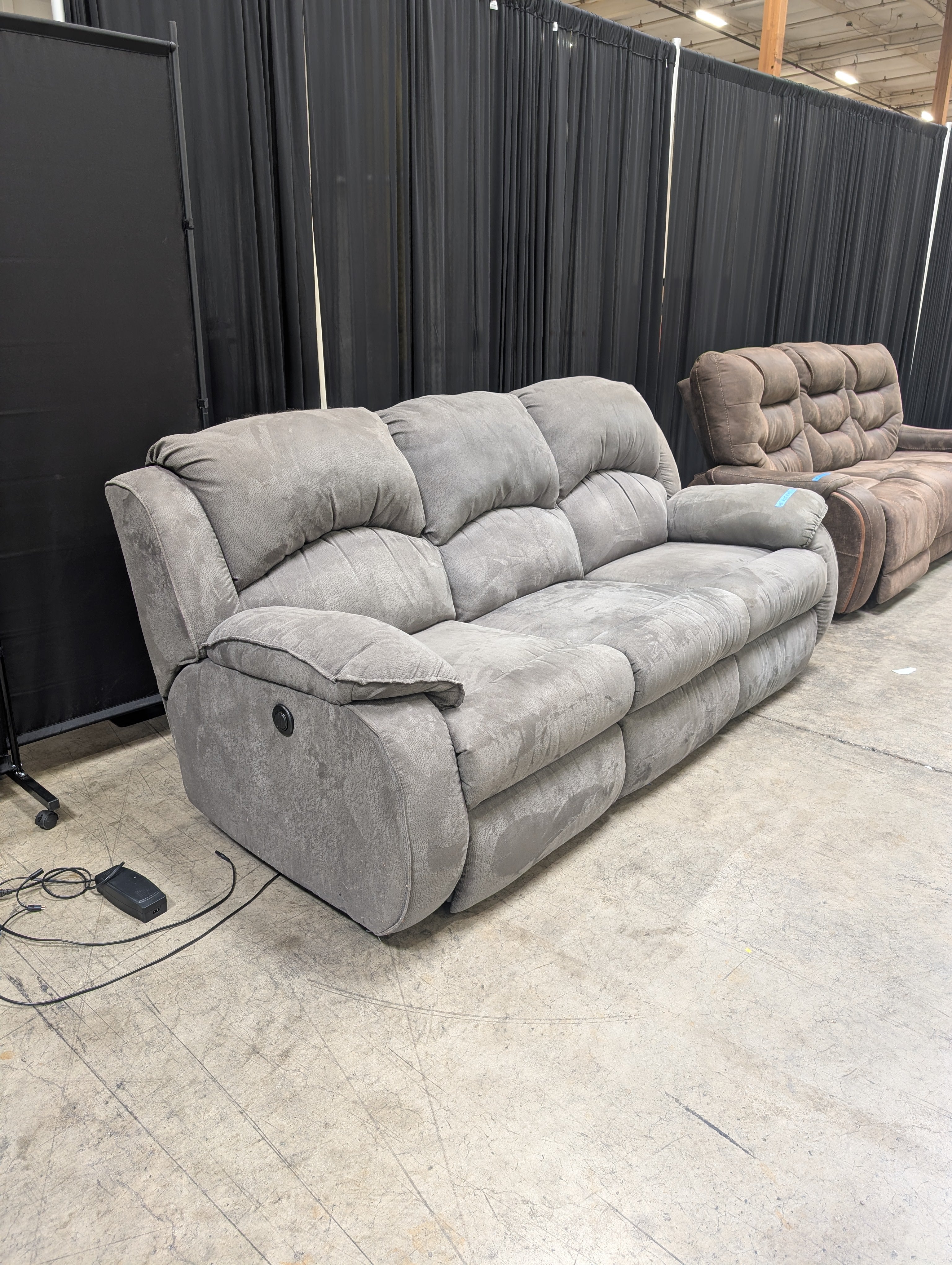 Plush Taupe Fabric Power Reclining Couch with Overstuffed Arms