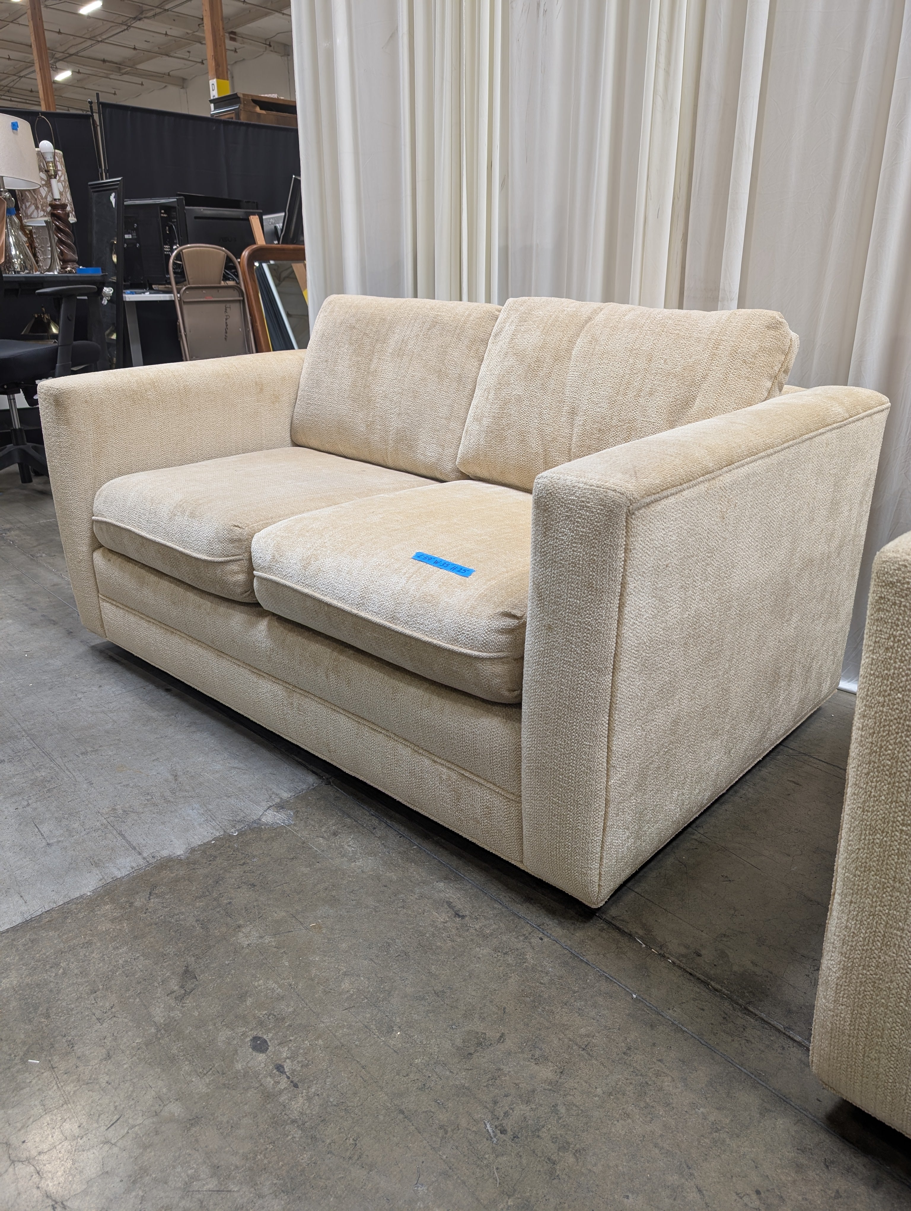 Cream Track-Arm Loveseat in Woven Fabric