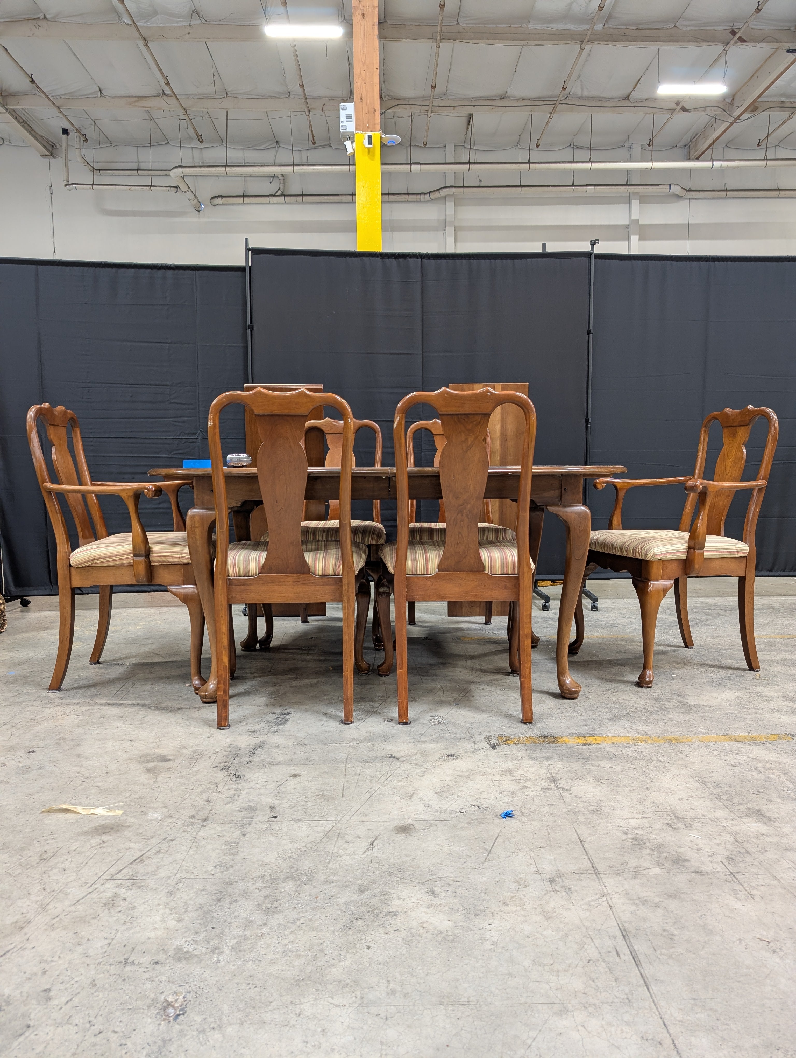 L. & J.G. Stickley Furniture Wood Dining Table with Leafs and Set of Six Carved Back Chairs