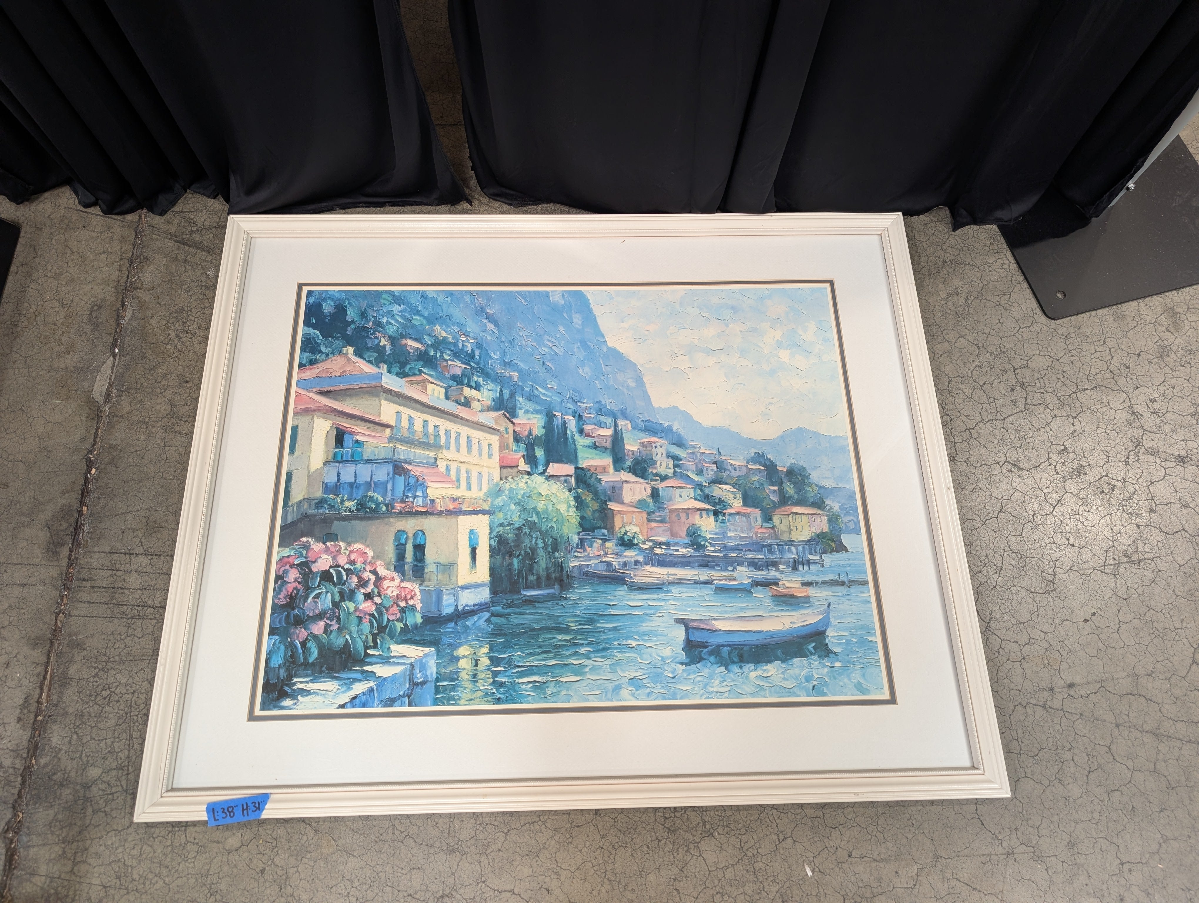 Mediterranean Coastal Village Framed Painting in Wood Frame