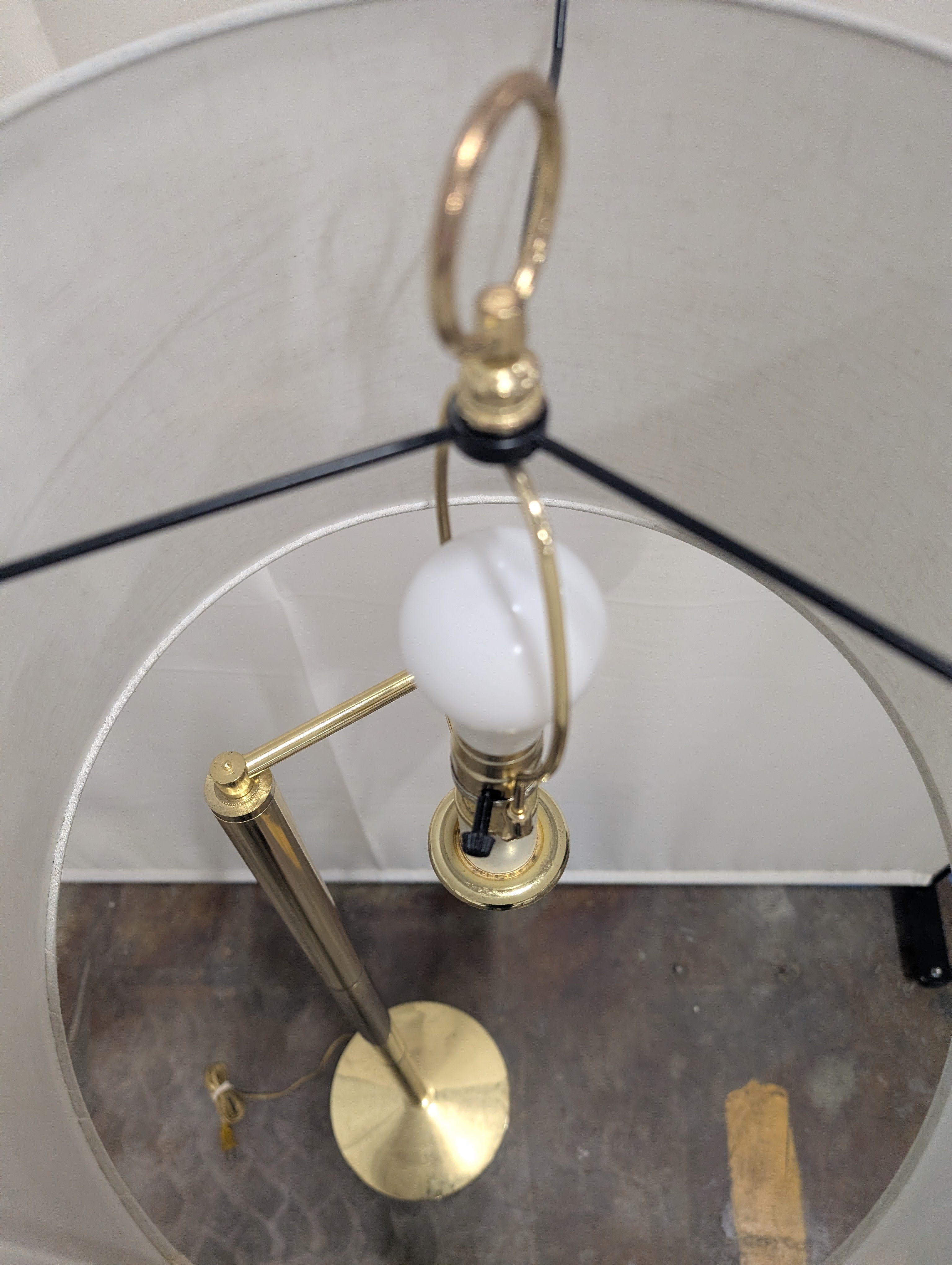 Modern Polished Brass-Toned Floor Lamp with Off-White Fabric Shade
