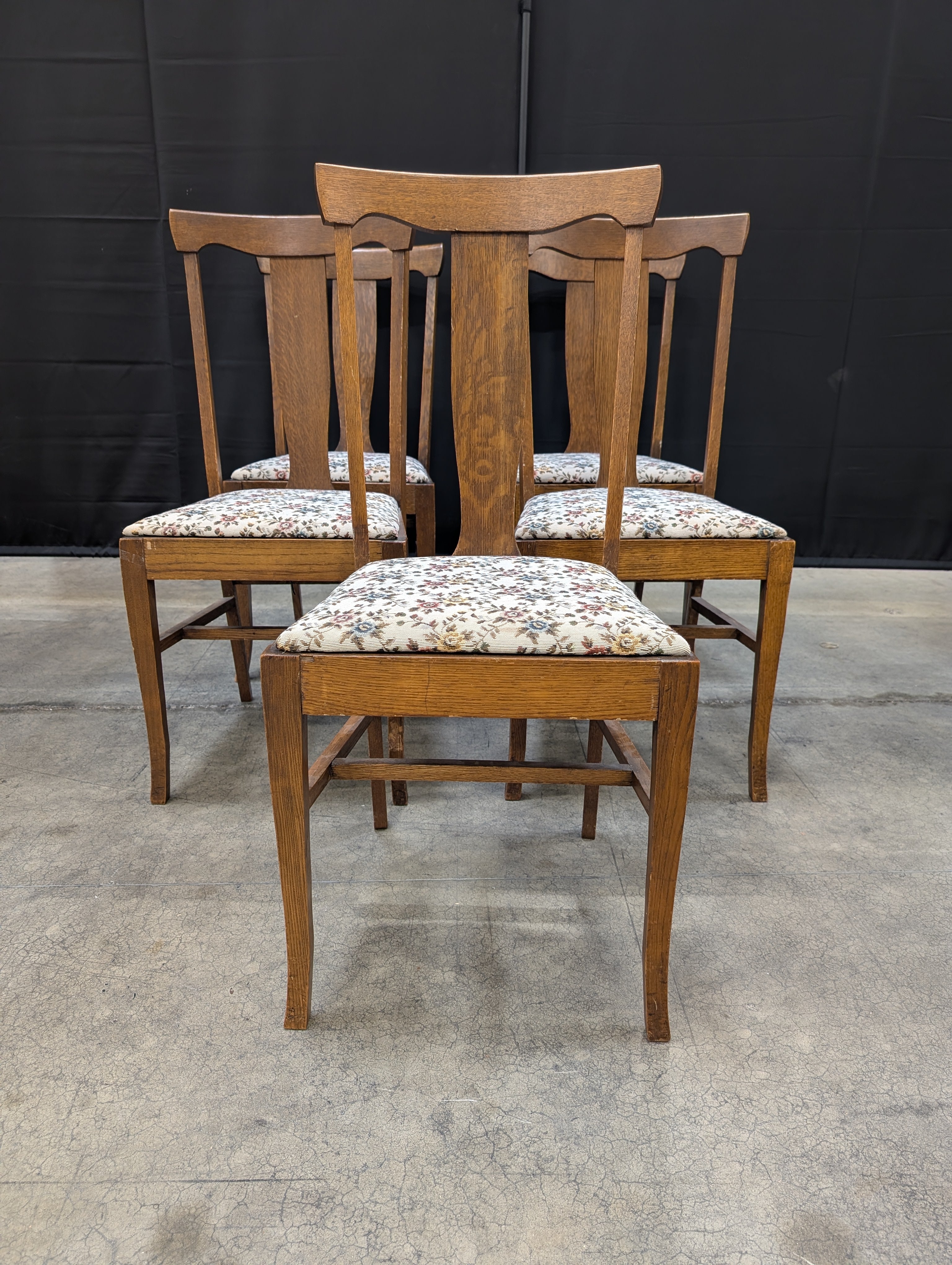 Set of Five Traditional Wooden Dining Chairs with Floral Upholstery