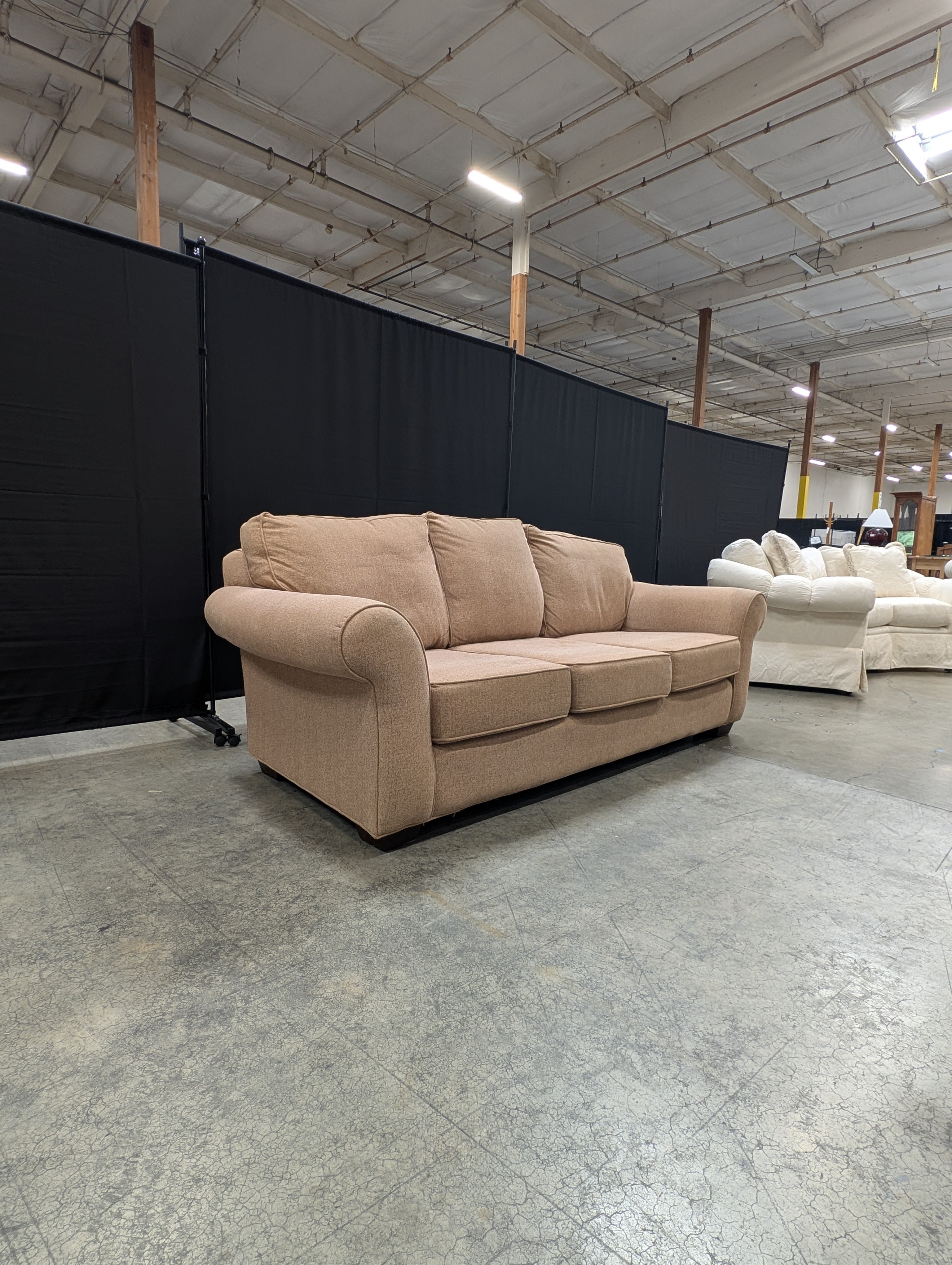 Neutral Beige Thomasville Three-Seat Sofa with Rolled Arms