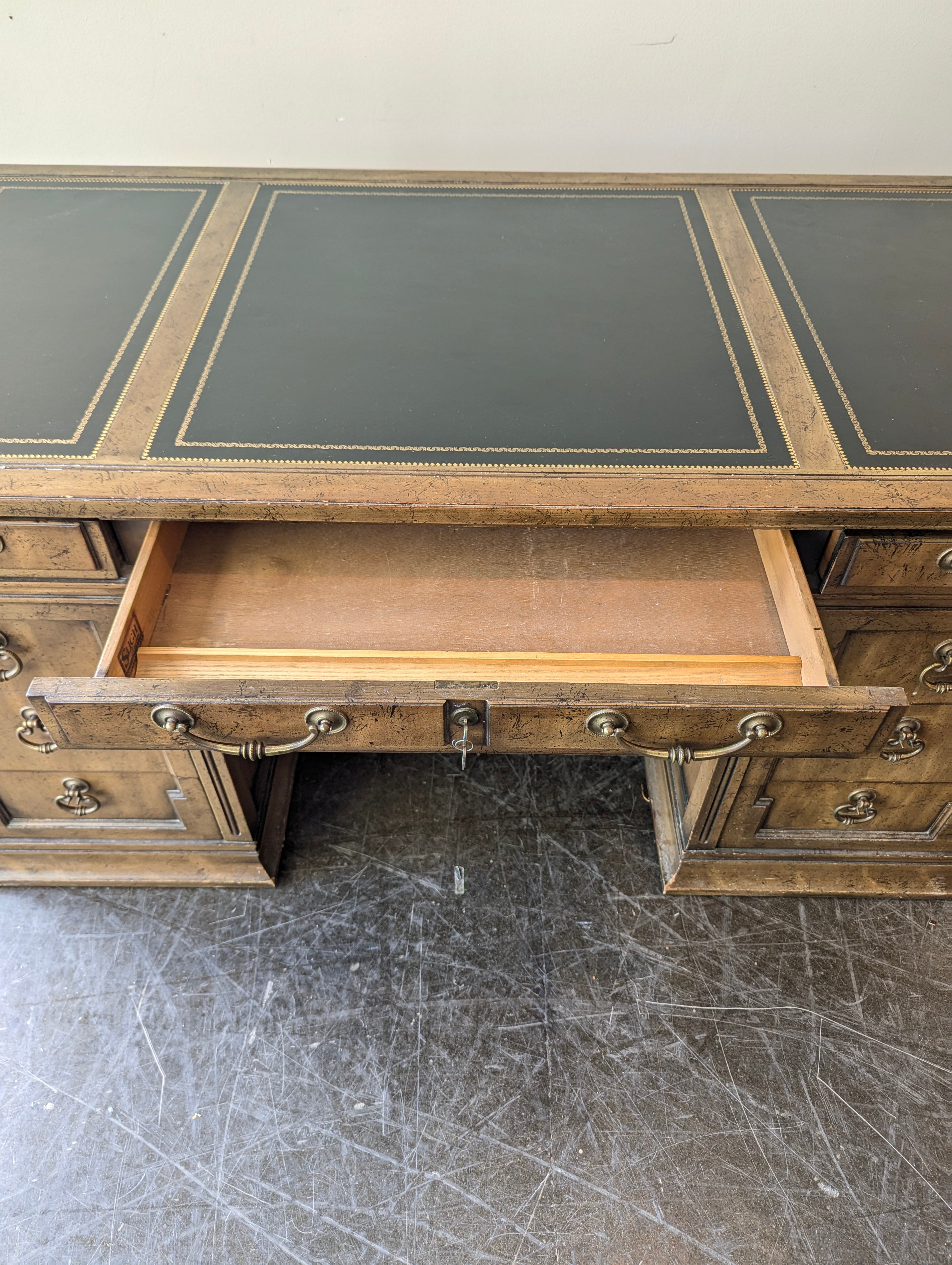 Vintage Style Pedestal Desk with Tooled Leather Top