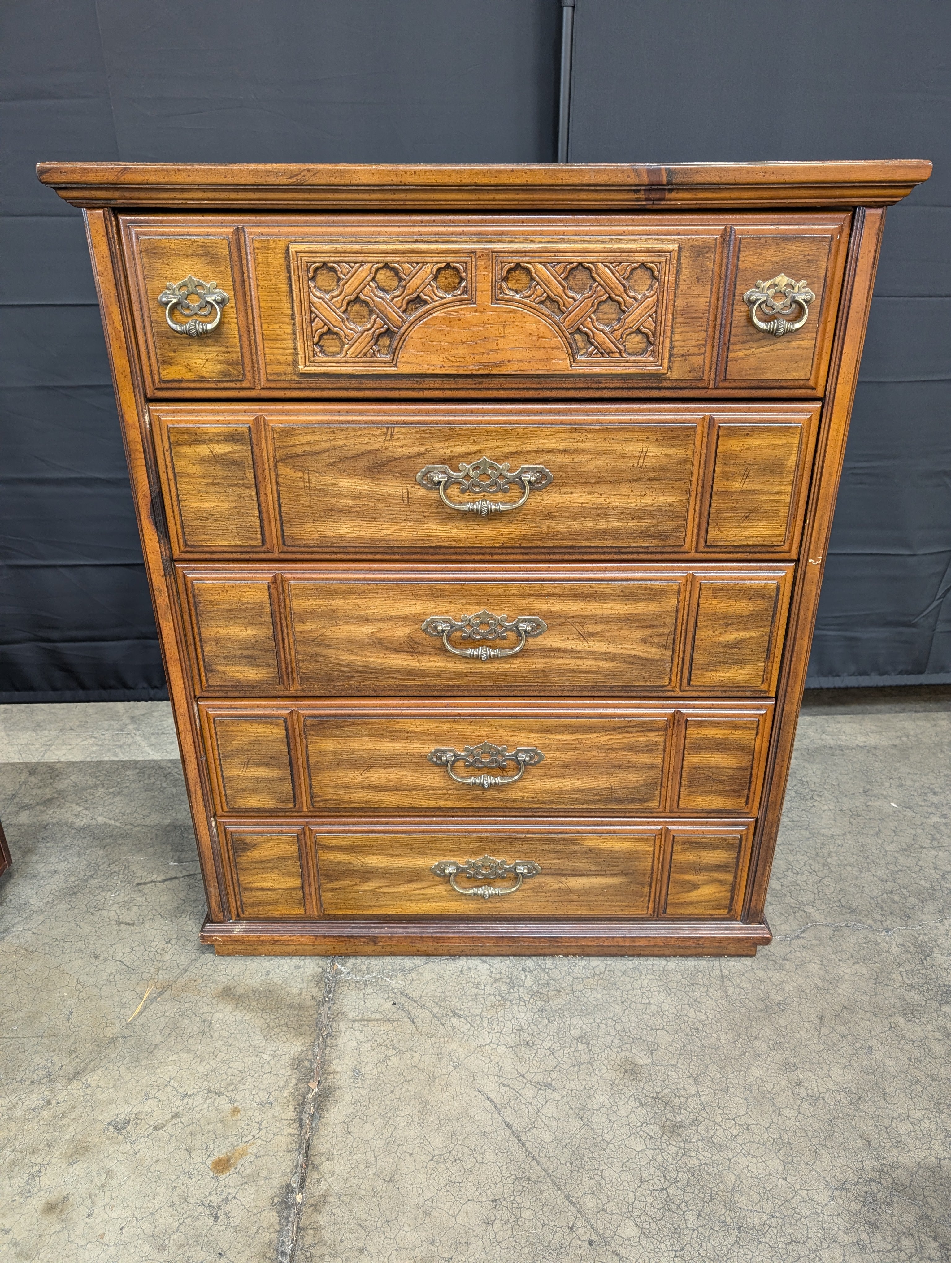 Traditional Dark Wood Five-Drawer Chest with Ornate Pulls