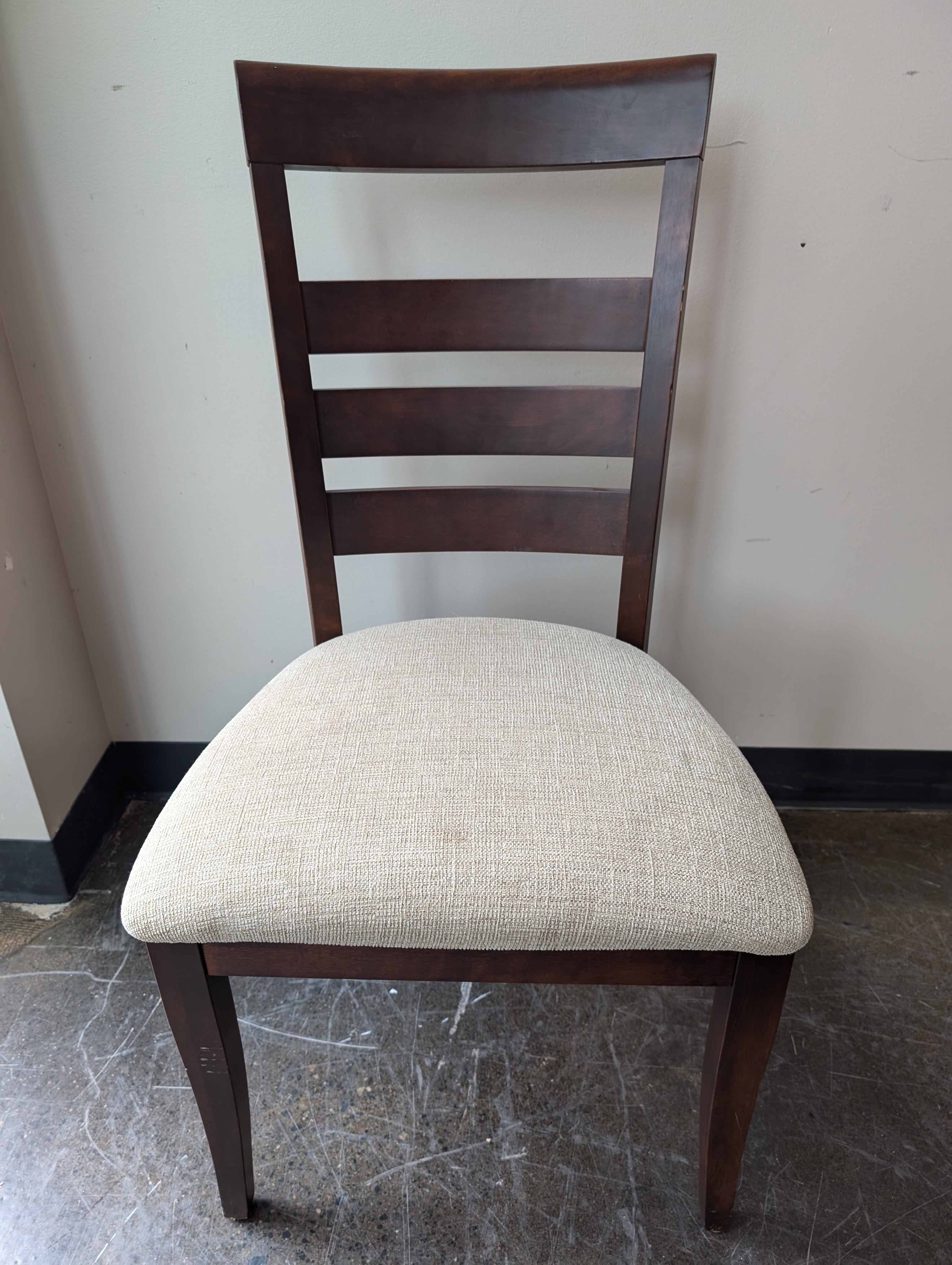 Set of Six Contemporary Dark Wood Slatted Back Dining Chair with Beige Upholstery