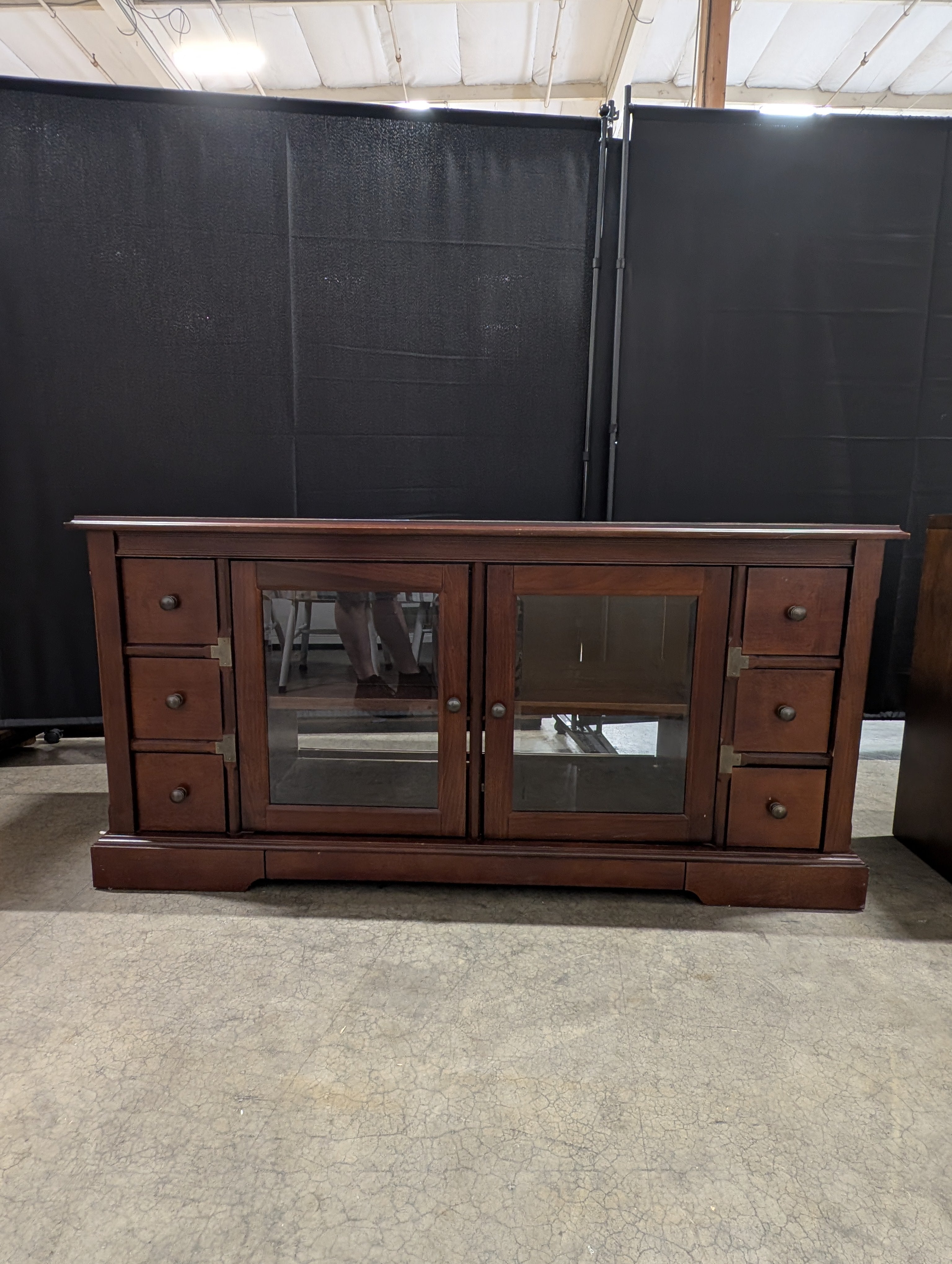 Rich Wood Media Console with Glass Doors and Storage Cabinet