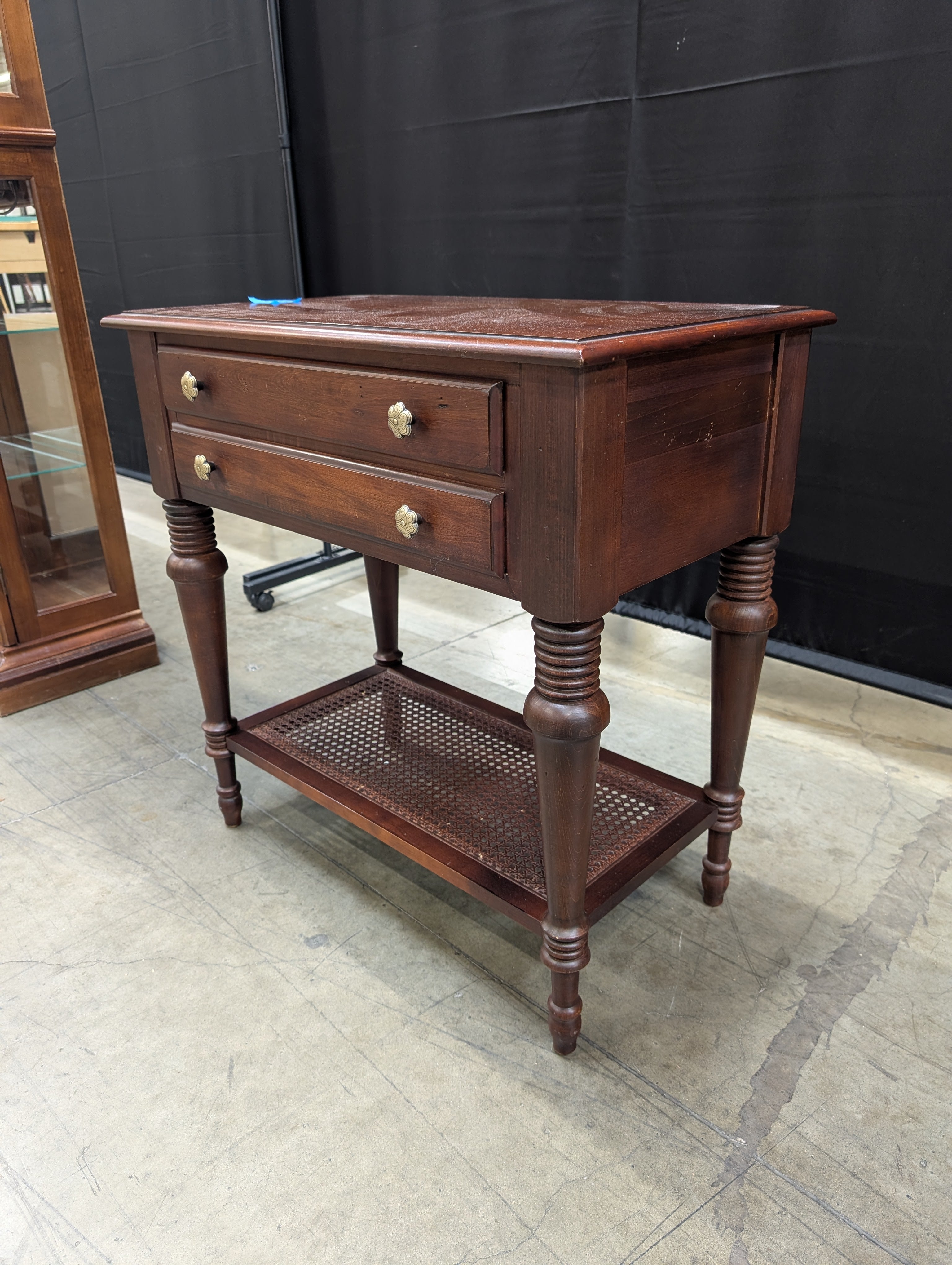 Mahogany Finish Wood ETHAN ALLEN Side Table with Cane Shelf