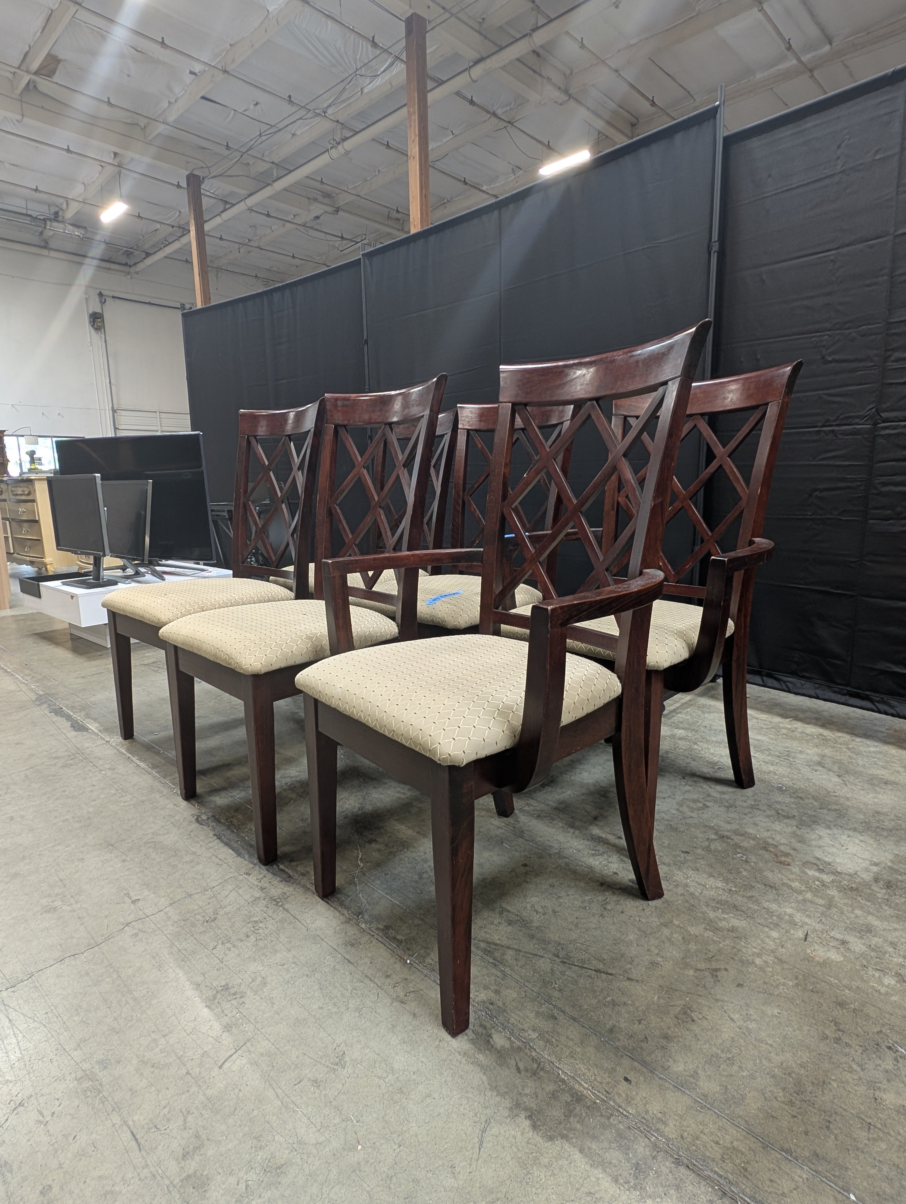 Set of Six Dark Wood Lattice Back Dining Chair