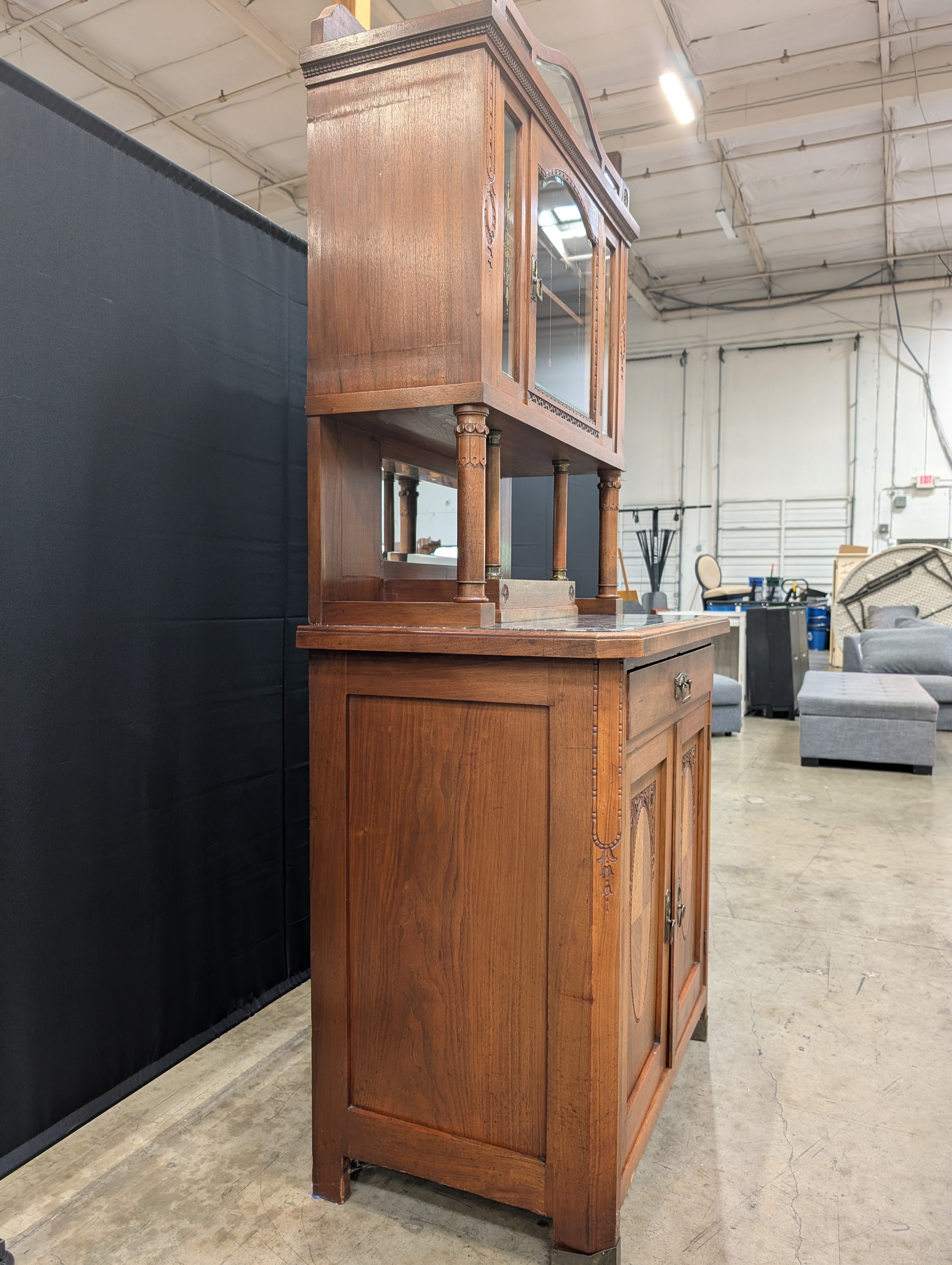 Vintage Carved Hardwood Display Cabinet with Marble Top